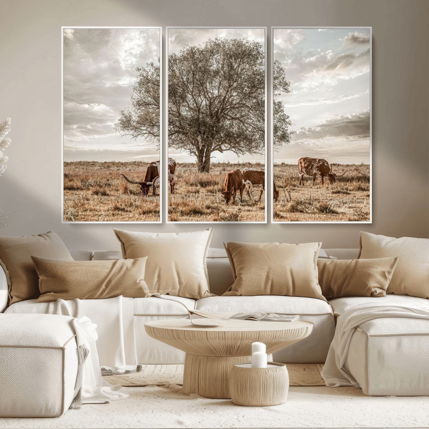 Texas Longhorn Cattle Wall Art Canvas Print – Rustic Western Ranch Scene with Steers at Sunset, Perfect for Farmhouse or Cowboy Decor