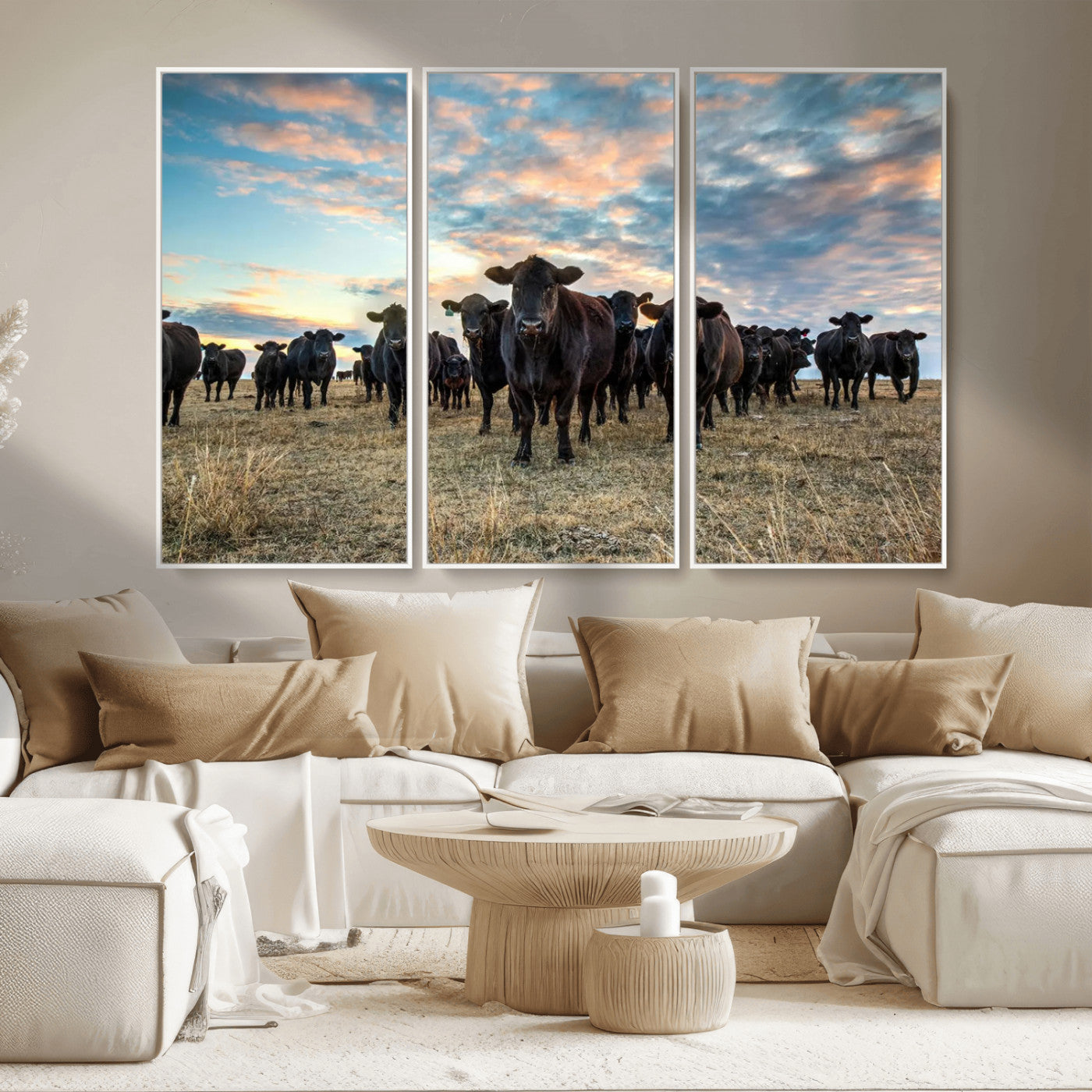 13867292-MGV-CV-36X24-Texas Longhorn Cattle Wall Art Canvas Print – Rustic Western Ranch Scene with Steers at Sunset, Perfect for Farmhouse or Cowboy Decor