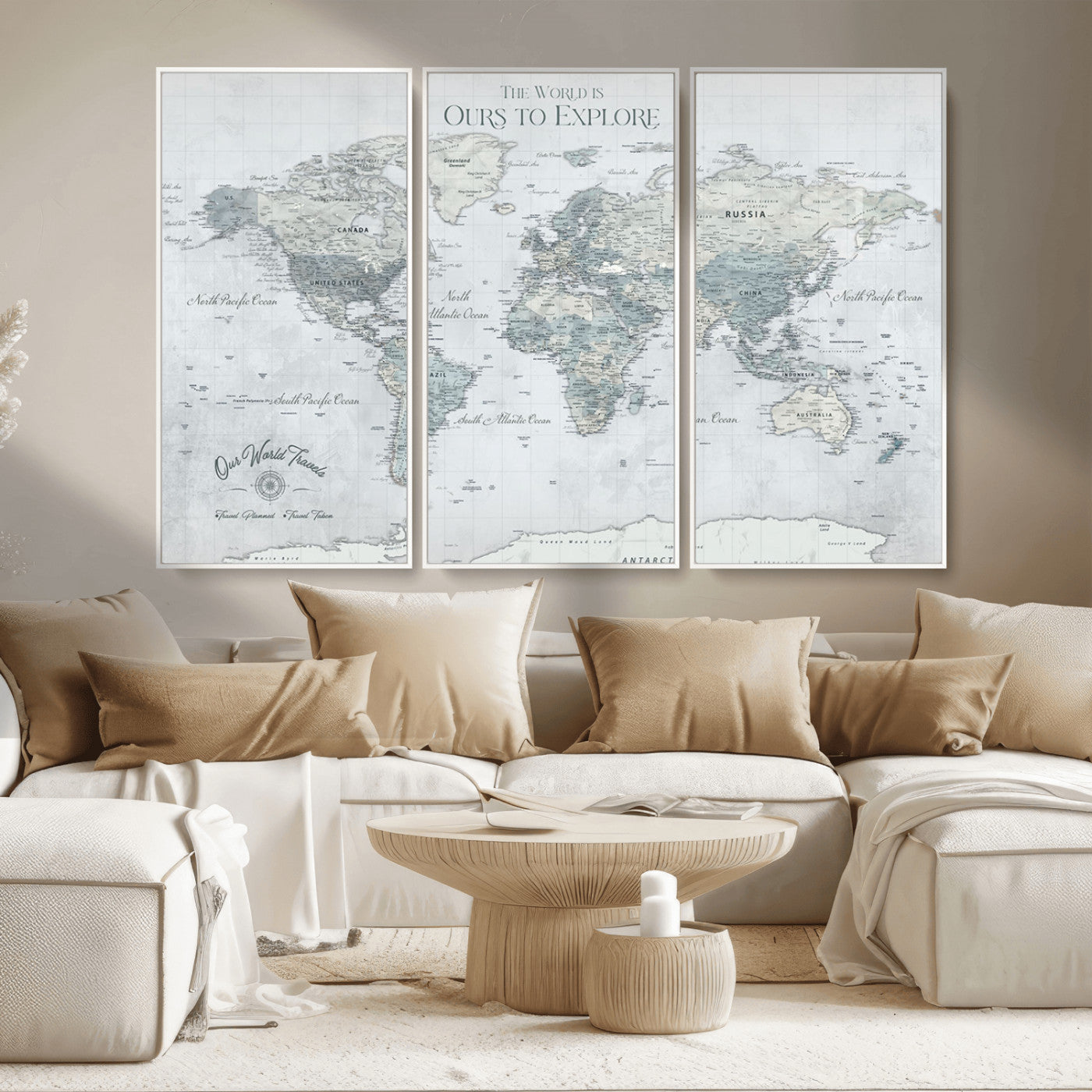 73654056-MGV-FC-48X32-3P - Personalized Push Pin World Map Canvas Print – Custom Framed Travel Tracker Artwork for Couples or Home Decor