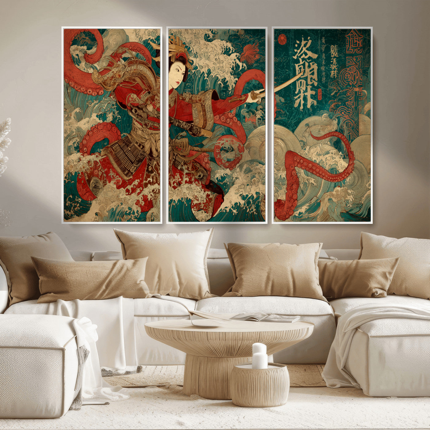 MGV-FC-48X32-3P - Tsukioka Yoshitoshi Samurai Wall Art Print, Japanese Katana Warrior Canvas Wall Art, Octopus Sea Monster Canvas Print,