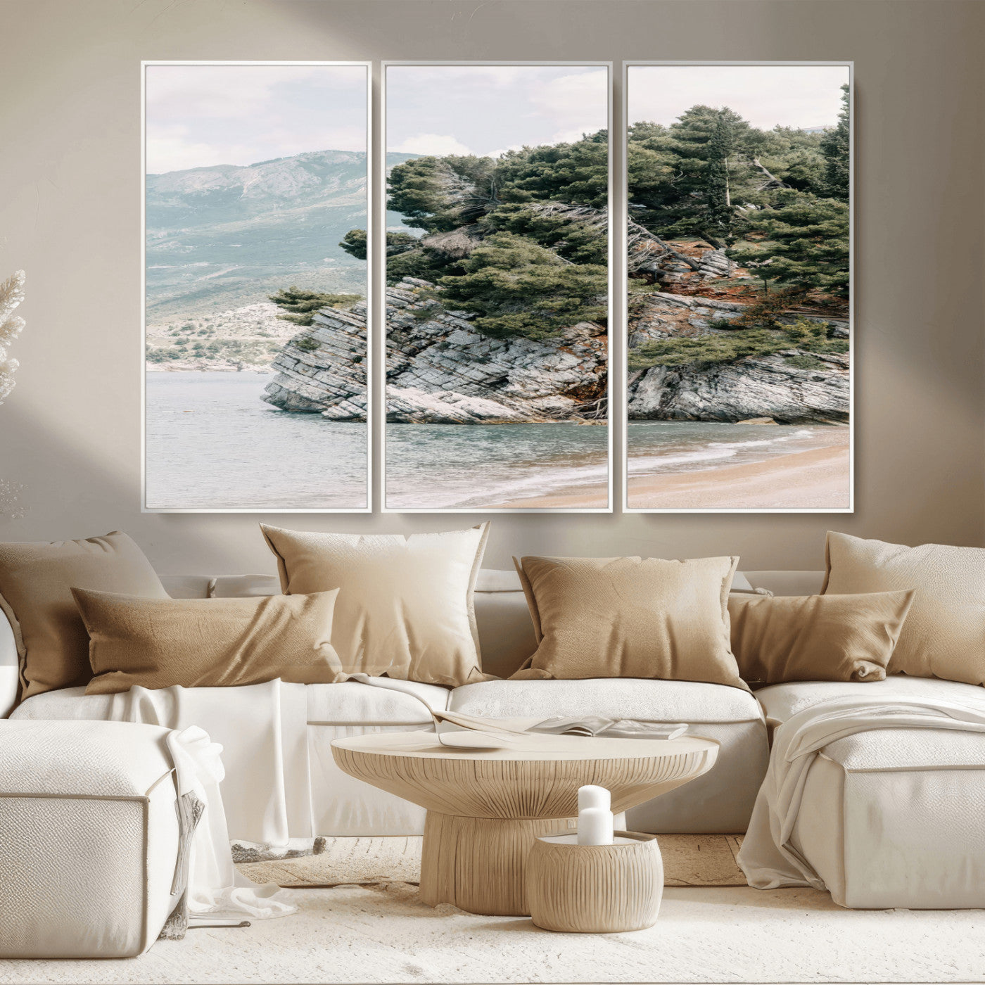 MGV-FC-48X32-3P - Coastal Rock Canvas Wall Art Print, Scenic Beach Landscape, Pine Trees on Rocky Cliff, Large Nature