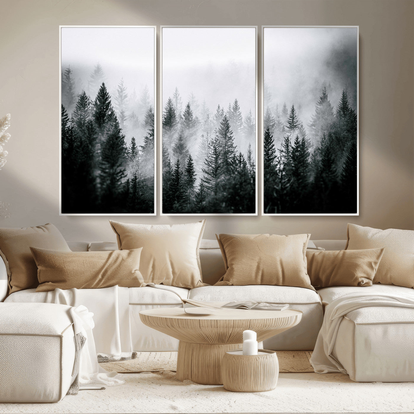 MGV-FC-48X32-3P - Foggy Pine Forest Canvas Wall Art – Black and White Nature Landscape Print, Horizontal Canvas for
