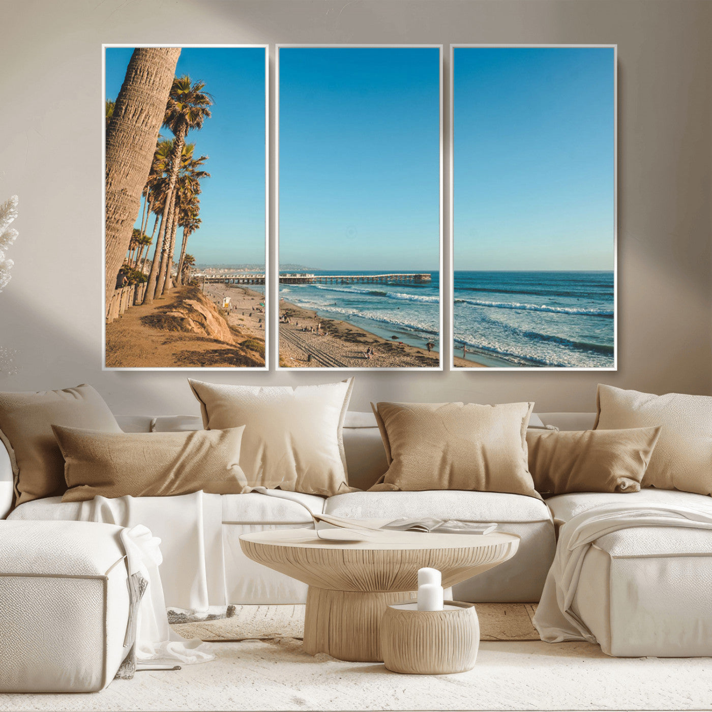 MGV-FC-48X32-3P - Scenic Beach with Tall Palm Trees, Sandy Shore, and Long Pier Stretching into the Calm Ocean Under