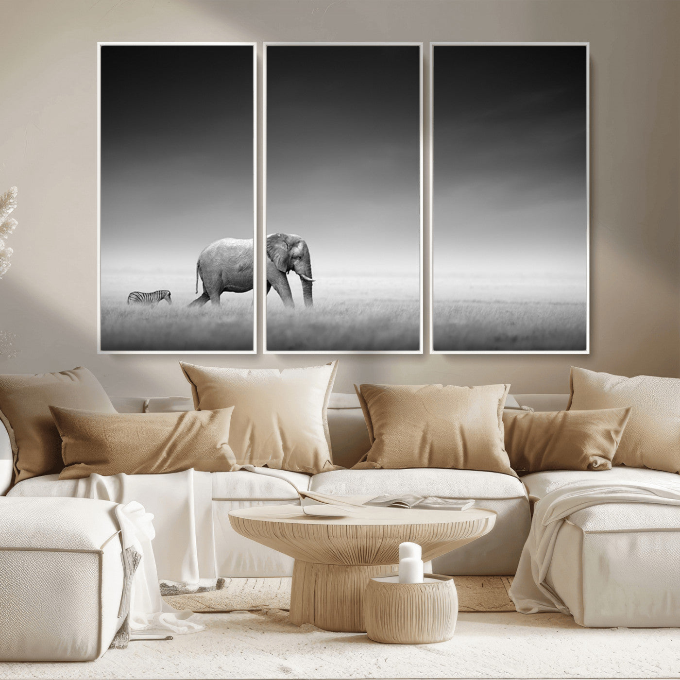 MGV-FC-48X32-3P - Elephand and Zebra Wall Art Canvas Print, Modern Artwork