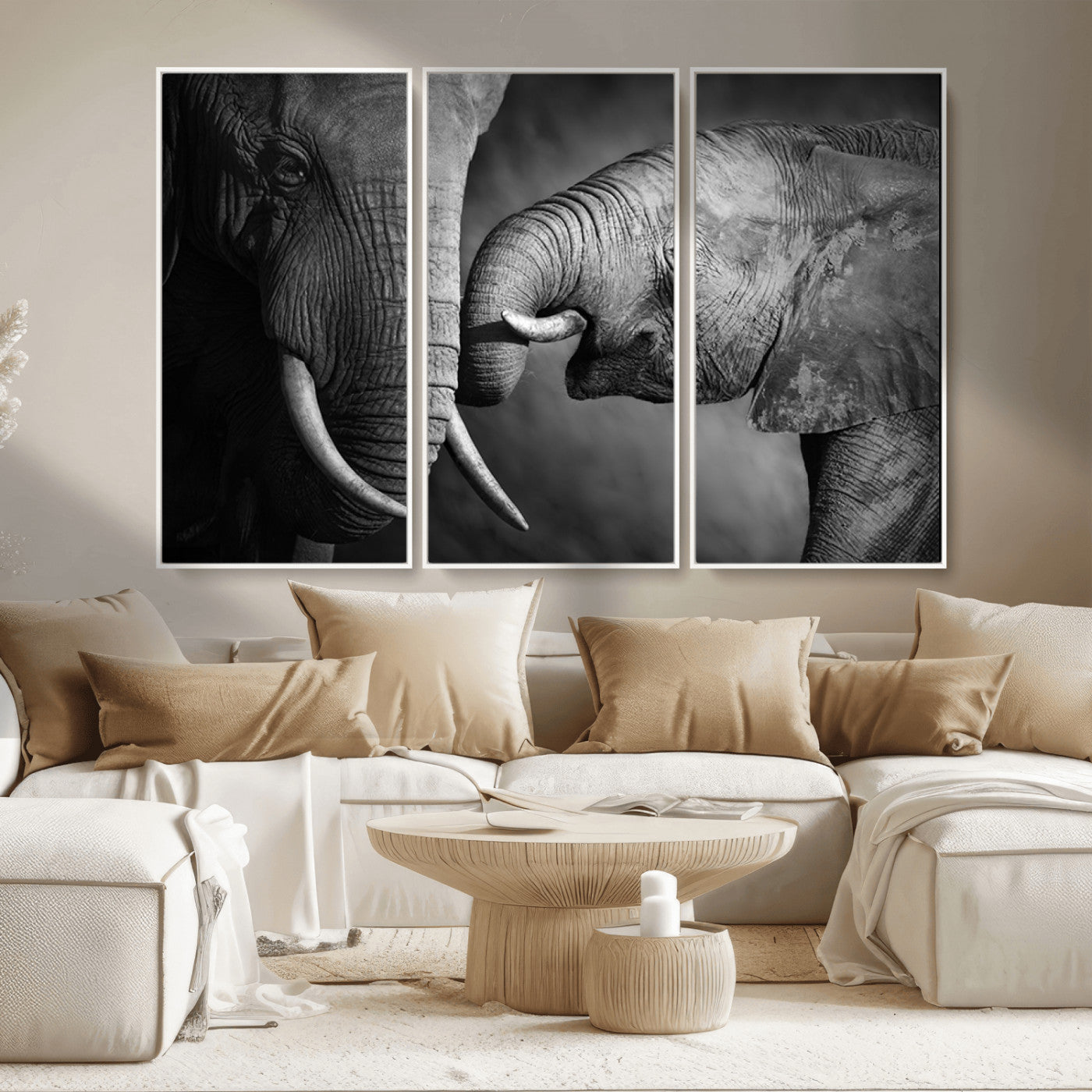 MGV-FC-48X32-3P - Elephant Family Wall Art Canvas, Framed Elephant Family Canvas Print
