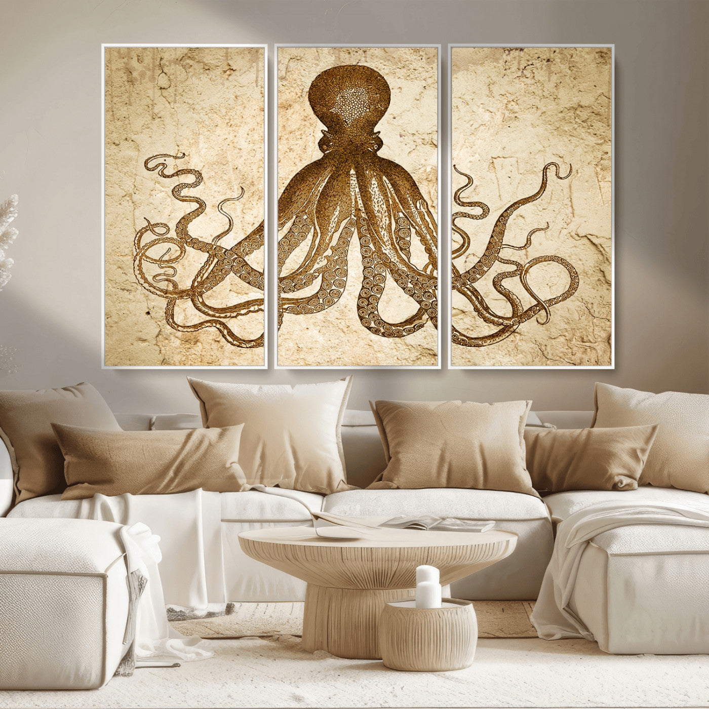 MGV-FC-48X32-3P - Sepia Octopus Wall Art Abstract Animal Canvas Print