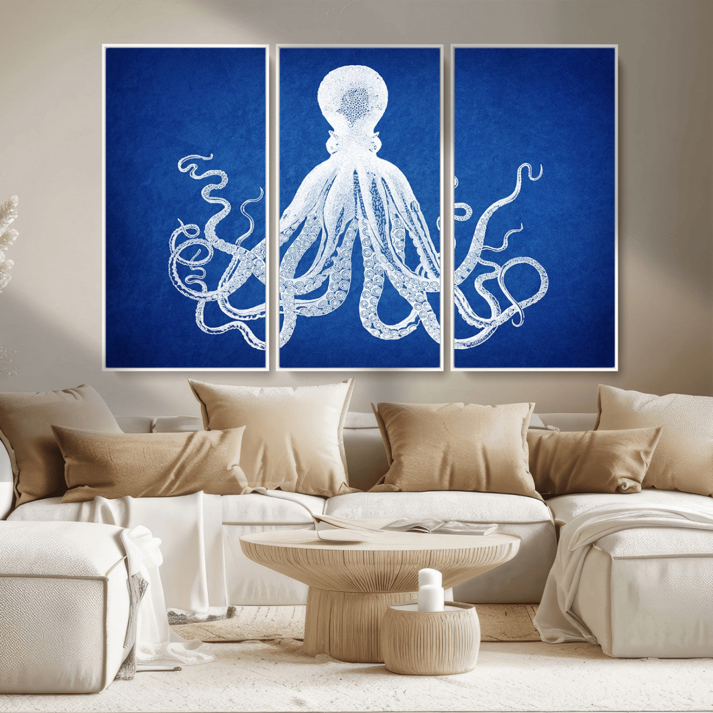MGV-FC-48X32-3P - Large 3-Panel Blue Octopus Canvas Wall Art | Coastal Marine Life Artwork for Living Room, Bedroom,
