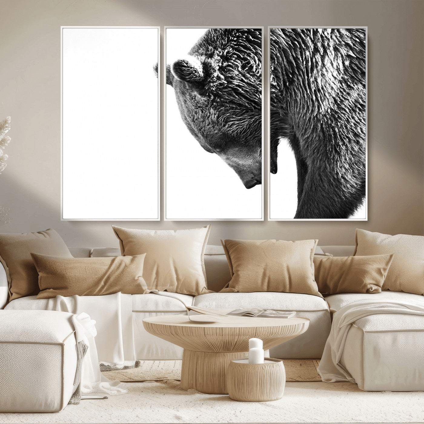 MGV-FC-48X32-3P - Black and White Grizzly 399 Bear Canvas Print Wall Art | Large Wildlife Canvas Print for Living