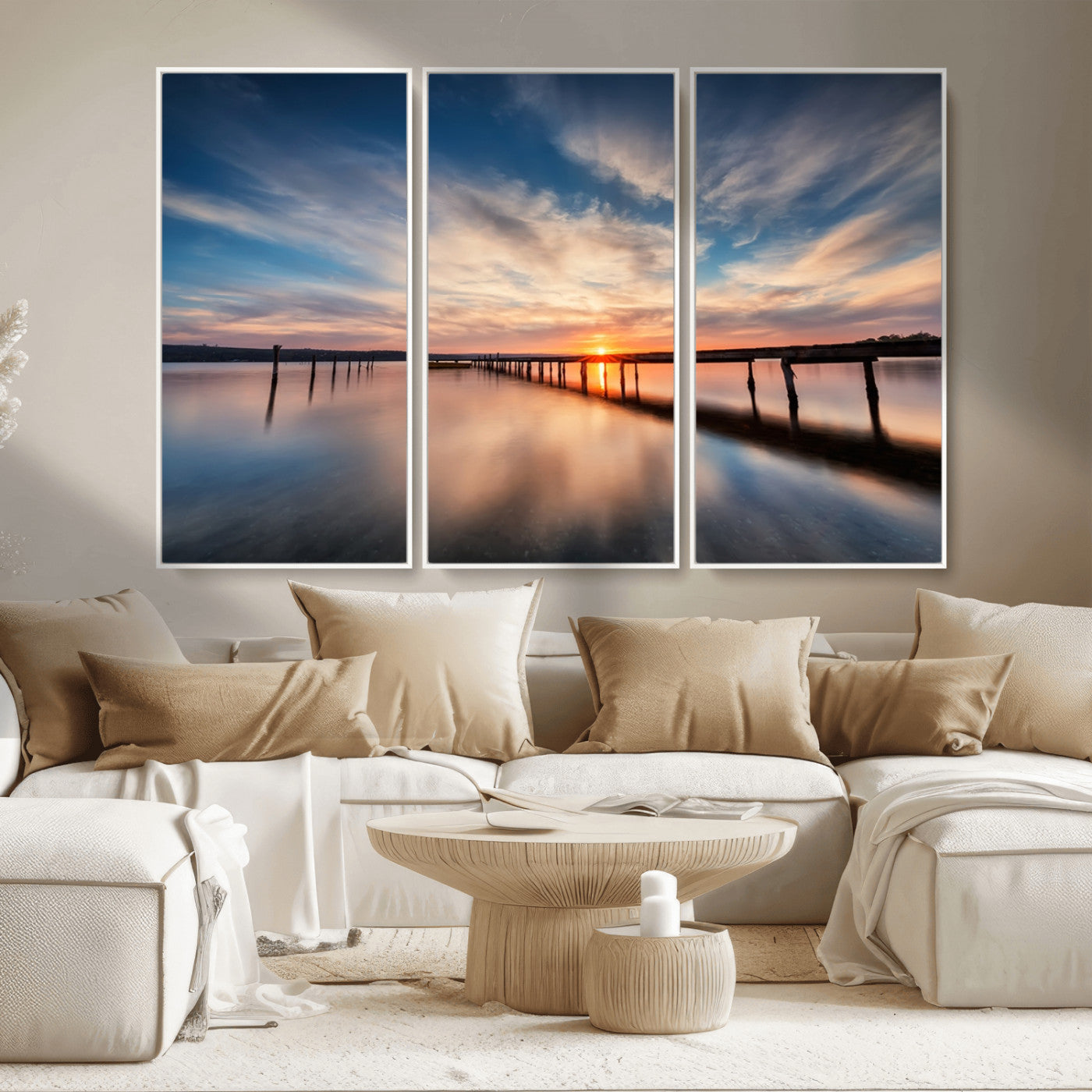 MGV-FC-48X32-3P - Wooden Pier on Seascape and Sunset Wall Art Canvas Print