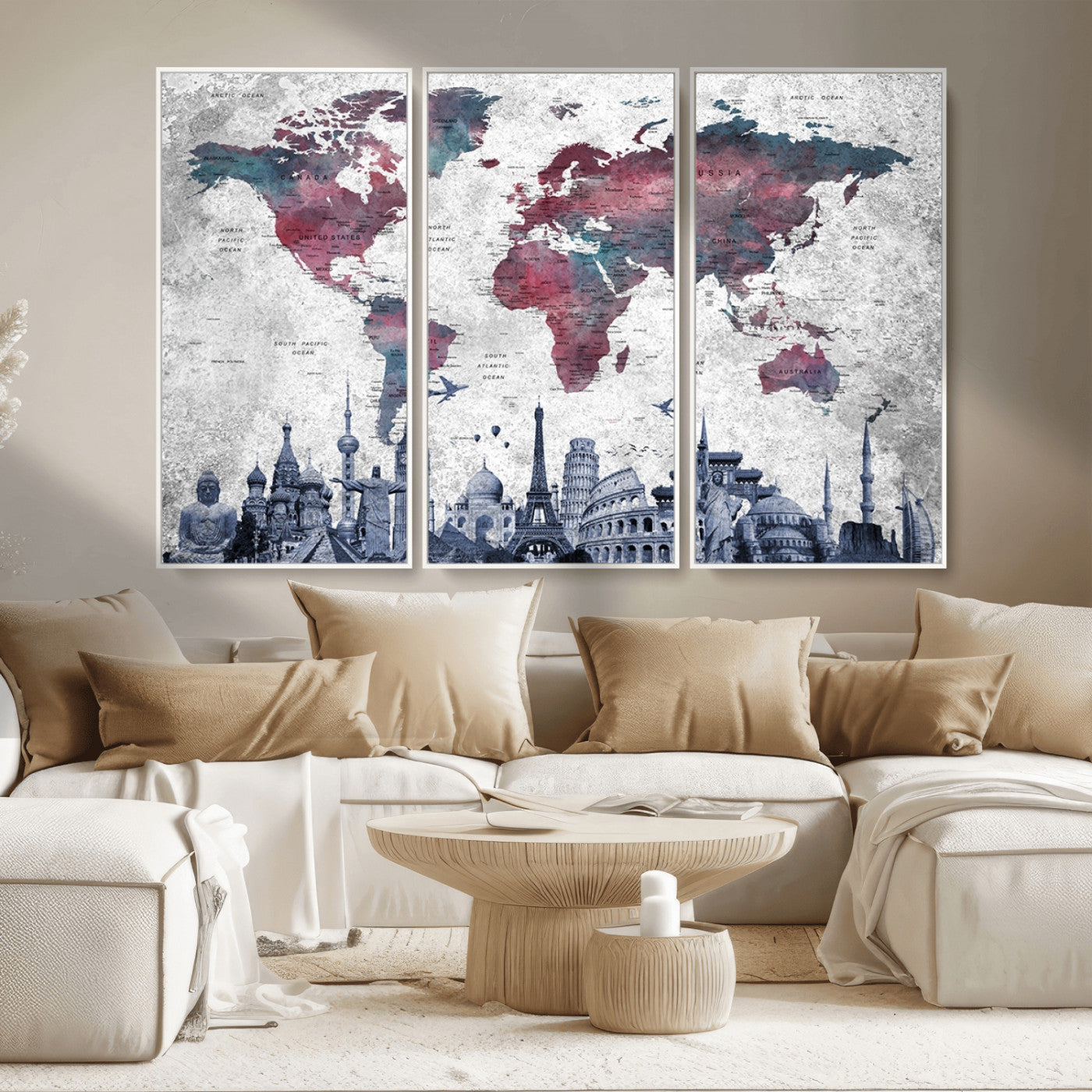 MGV-FC-48X32-3P - Push Pin World Map Canvas Print – Framed Wall Art for Couples to Track Their Travels – Anniversary