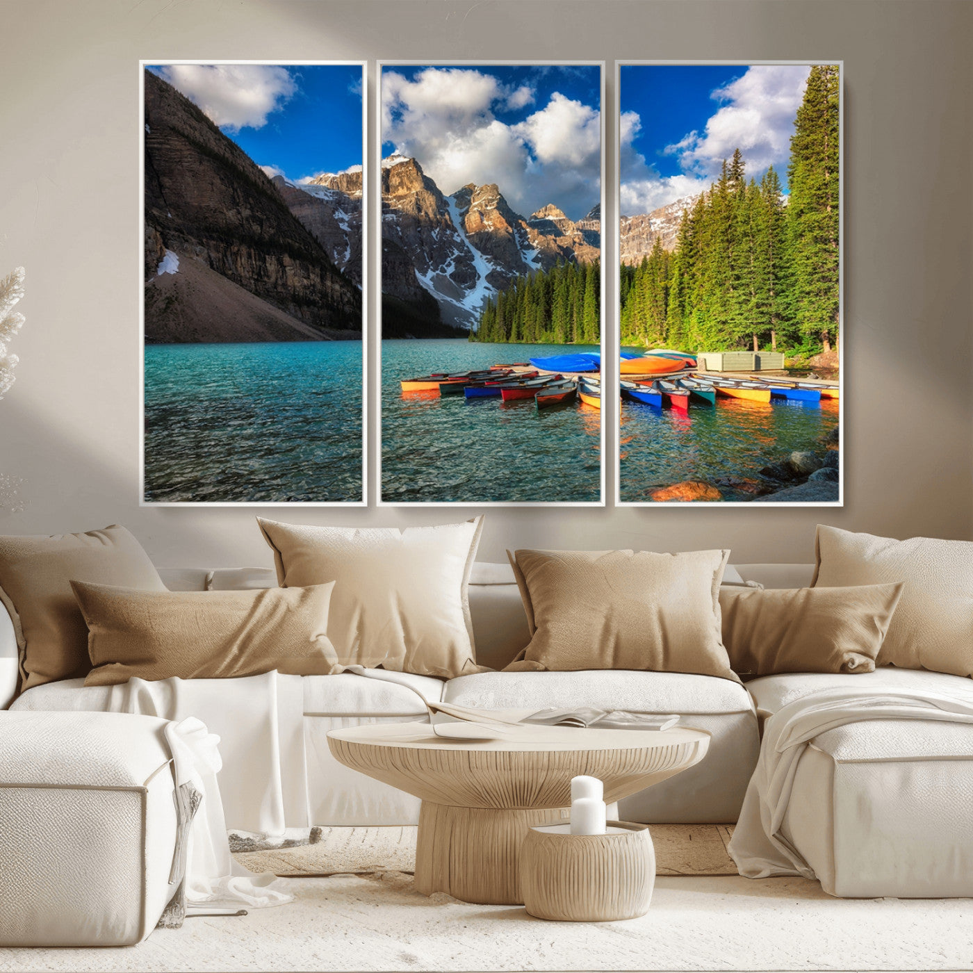 MGV-FC-48X32-3P - Moraine Lake 3-Panel Wall Art, Majestic Mountain and Lake Landscape Canvas Print Canoes on Moraine