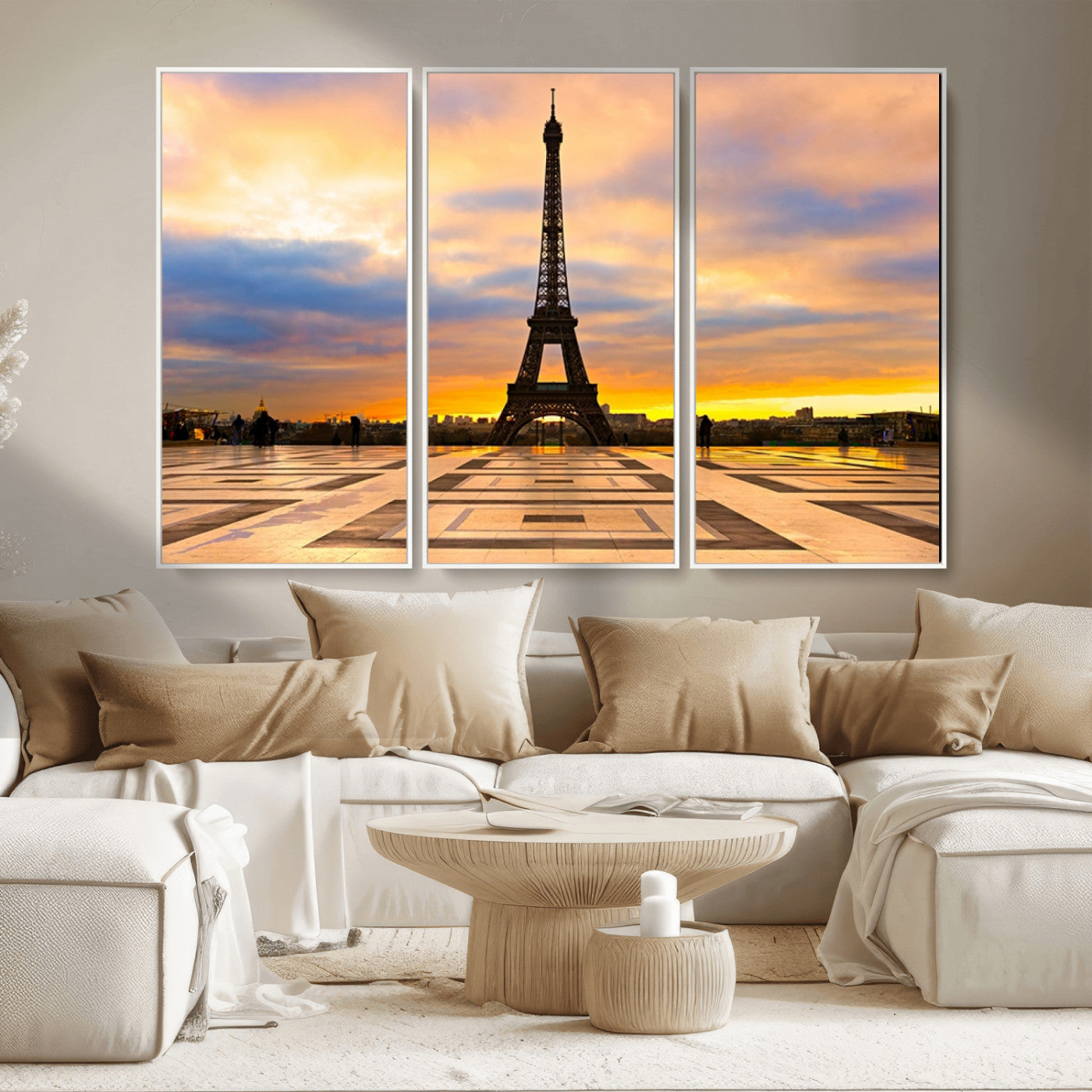 MGV-FC-48X32-3P - Paris Eiffel Tower Sunset Canvas Wall Art Print - Iconic Landmark Decor with Vibrant Colors