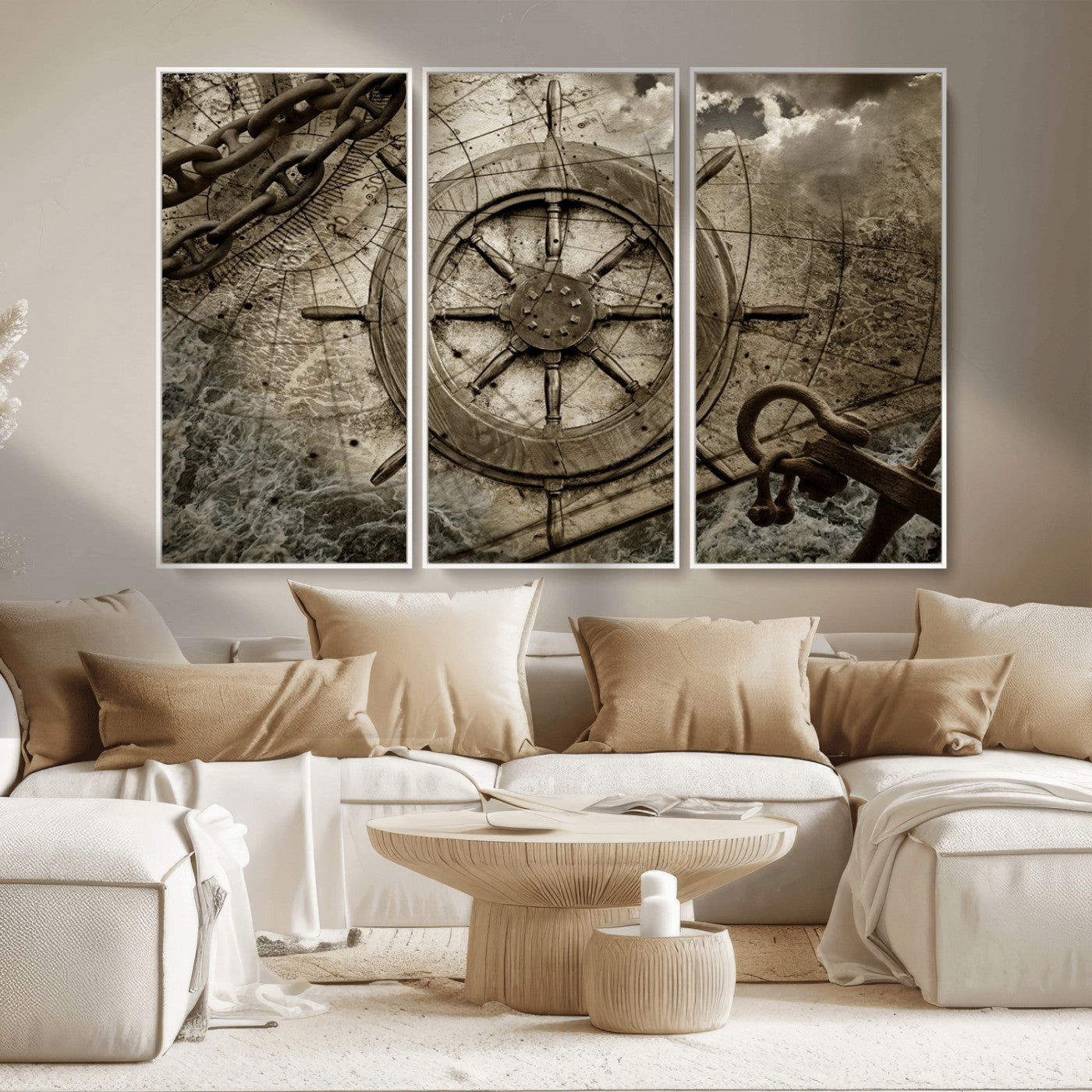 MGV-FC-48X32-3P - Wooden Ship Wheel Canvas Print, Multi Panel Canvas Wall Art Print