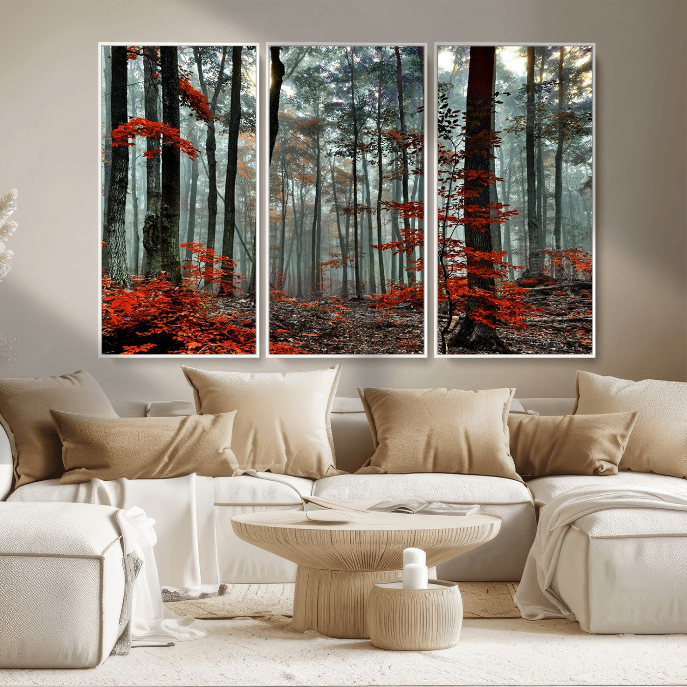 MGV-FC-48X32-3P - Autumn Forest Canvas Wall Art – Enchanting Red Leaves Triptych Print – Nature-Inspired Decor for