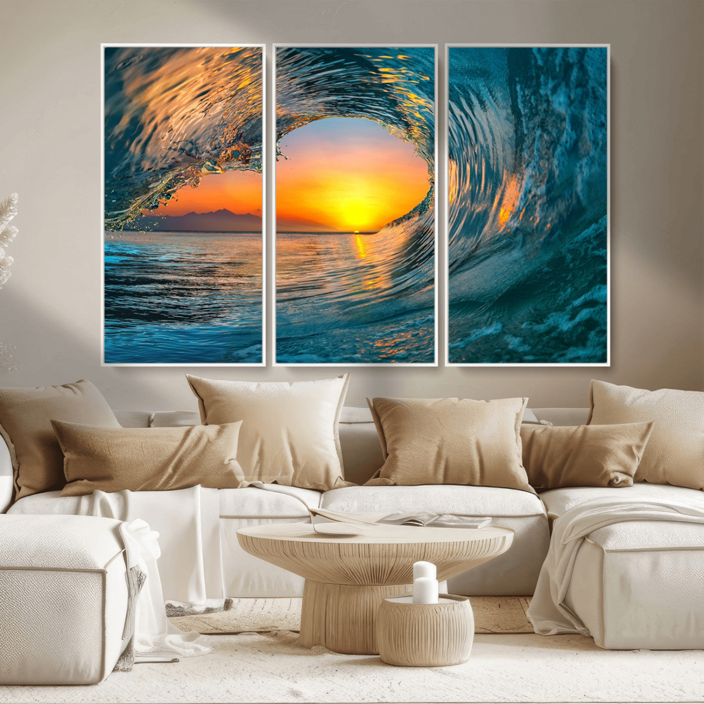 MGV-FC-48X32-3P - Ocean Wave Sunset Wall Art | Large Coastal Wave Canvas Print | 3-Panel Ocean Sunset Seascape for