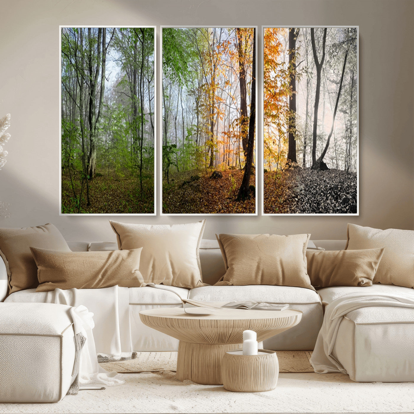 MGV-FC-48X32-3P - Four Seasons Wall Art Forest Canvas Print – Triptych Seasonal Nature Print – Landscape Decor for