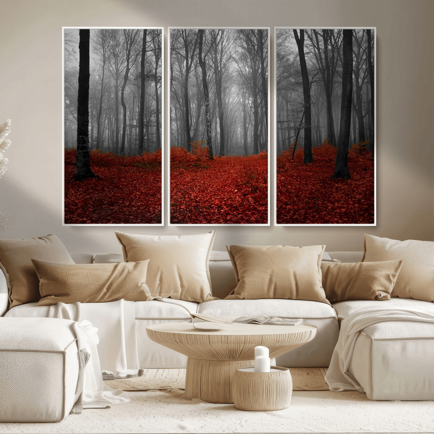 MGV-FC-48X32-3P - Red Forest Floor Canvas Wall Art – Mystical Foggy Woodland Triptych – Nature-Inspired Decor for