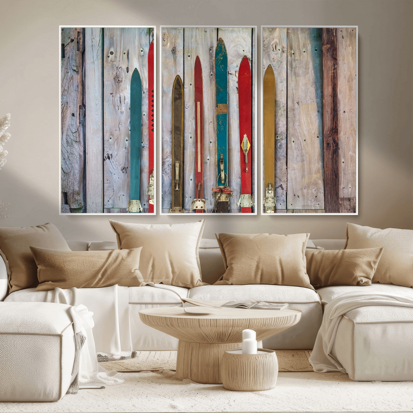 MGV-FC-48X32-3P - Vintage Wooden Weathered Ski's in Front of an Old Barn Wall Art Canvas Print for Farmhouse, Cabin