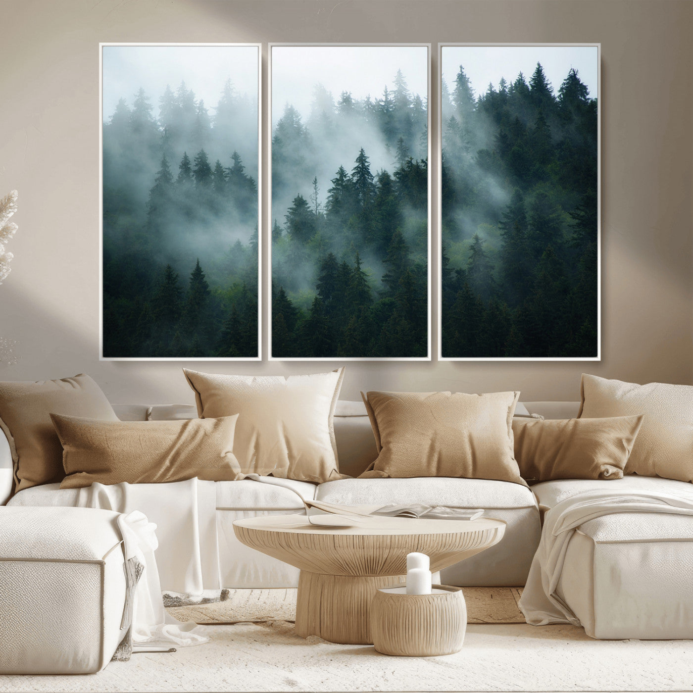 MGV-FC-48X32-3P - Foggy Forest 3-Panel Canvas Wall Art | Large Giclée Nature Scene Print for Living Room, Office, or