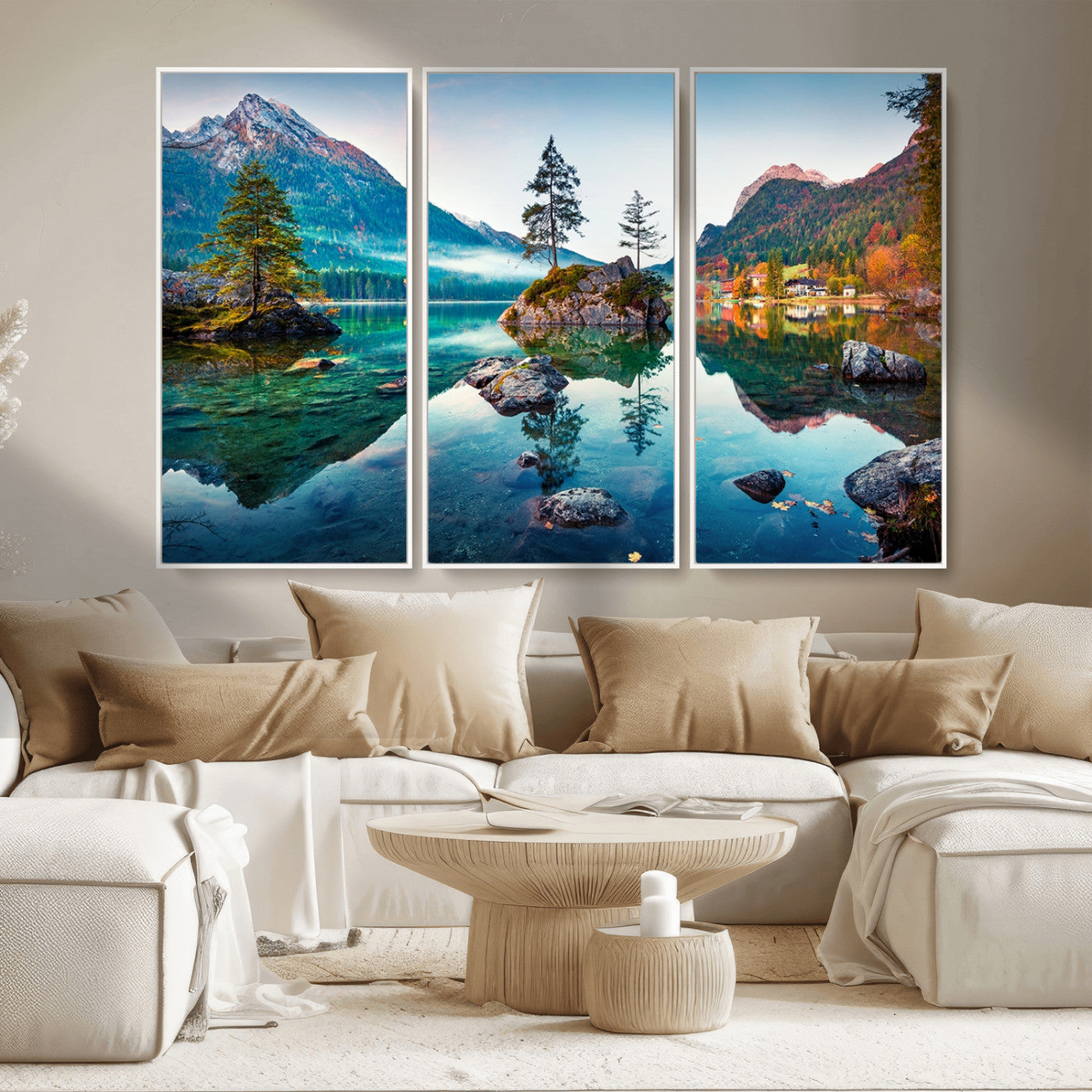 55009-MGV-FC-48X32-3P_White-Crystal Clear Lake Wall Art | Mountains Wall Art Canvas | 3 Panel Large Landscape Print for Dining
