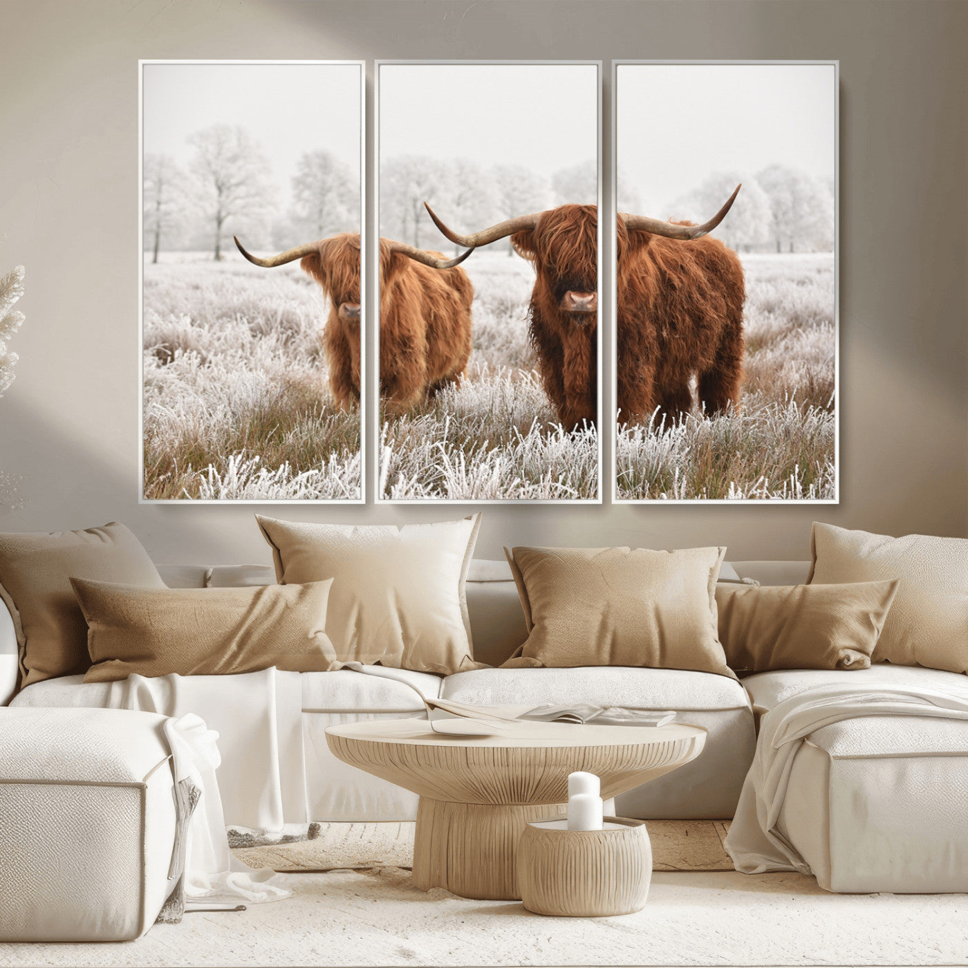 MGV-FC-48X32-3P - Longhorn Cattle Wall Art Canvas Print, Framed Farmhouse Style Art Picture Print, Rustic Cow Perfect Rustic Farmhouse Decor Artwork