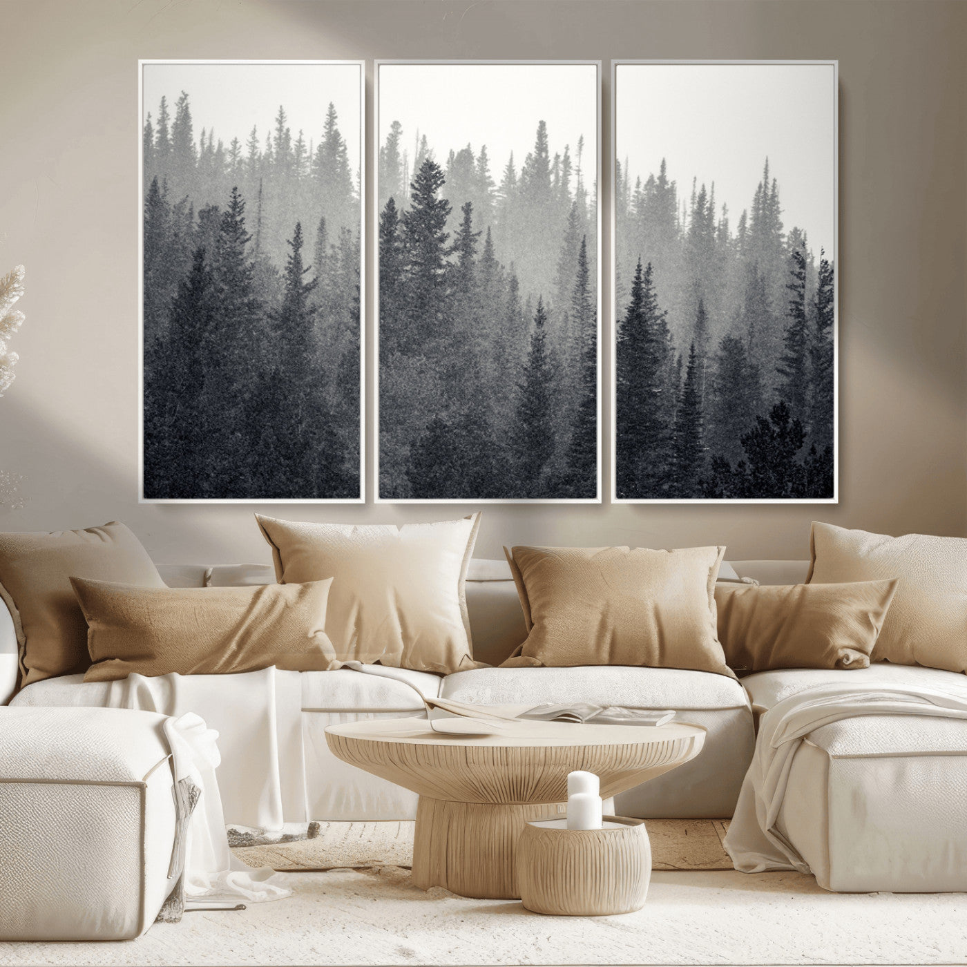 MGV-FC-48X32-3P - Misty Forest Canvas Wall Art – Monochrome Triptych Pine Tree Print – Nature-Inspired Home Decor –