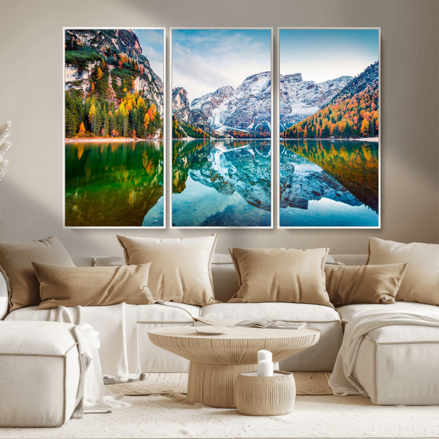 MGV-FC-48X32-3P - Spectacular autumn view of Braies Lake Wall Art Canvas Print