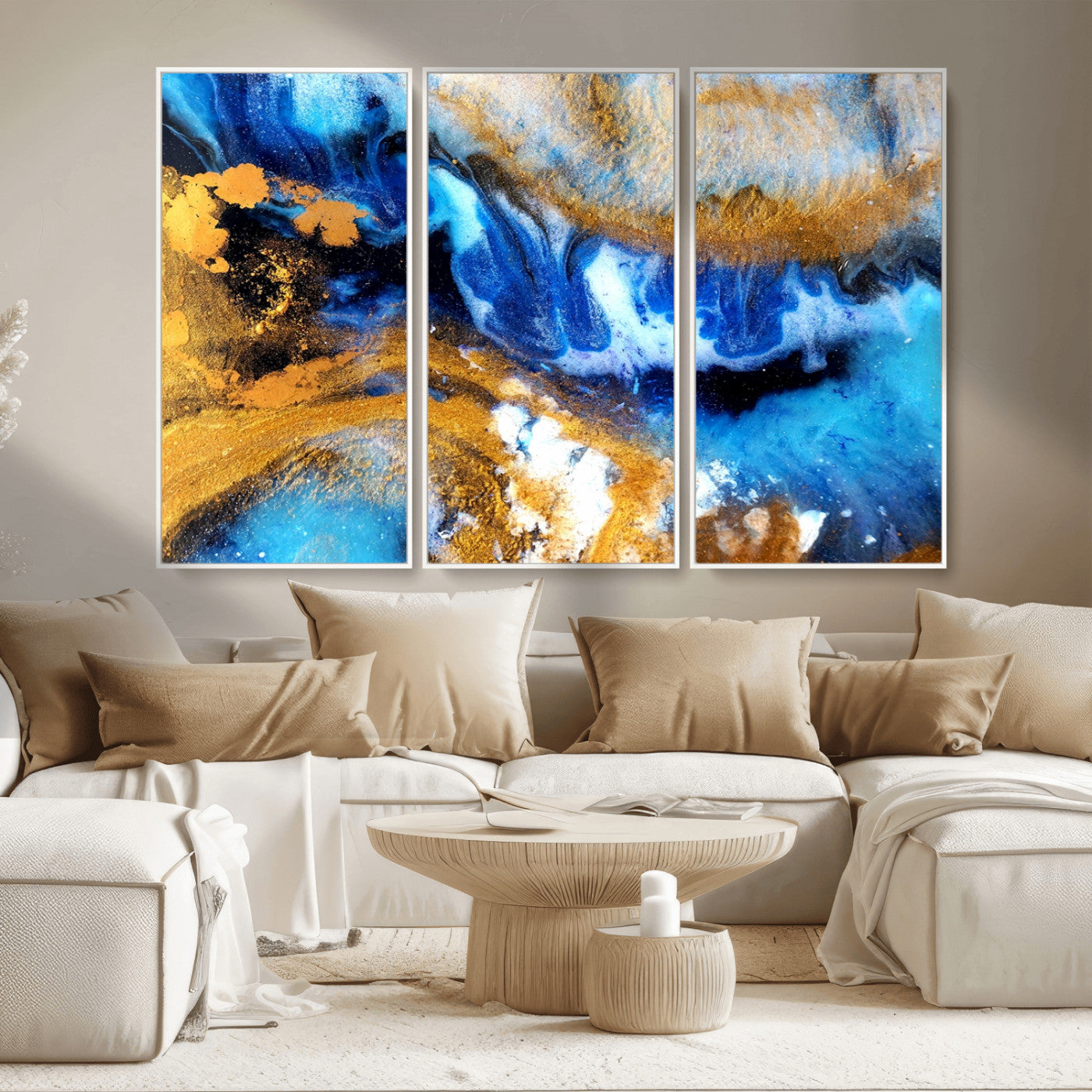 MGV-FC-48X32-3P - Blue Orange Marble Fluid Effect Canvas Wall Art Print