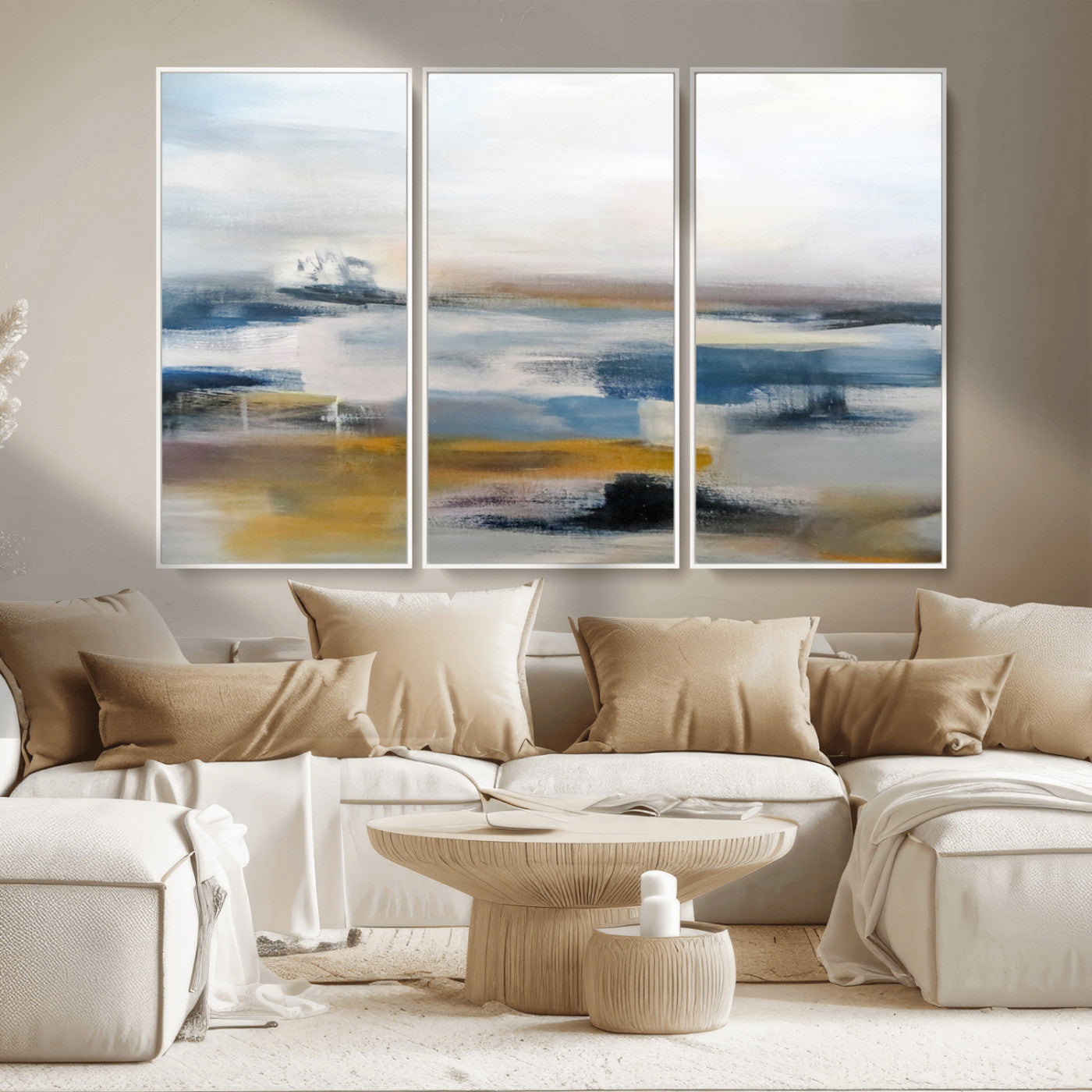 MGV-FC-48X32-3P - Abstract Landscape Wall Art Canvas | 3 Panel Modern Blue, Gold, and White Canvas Art for Living
