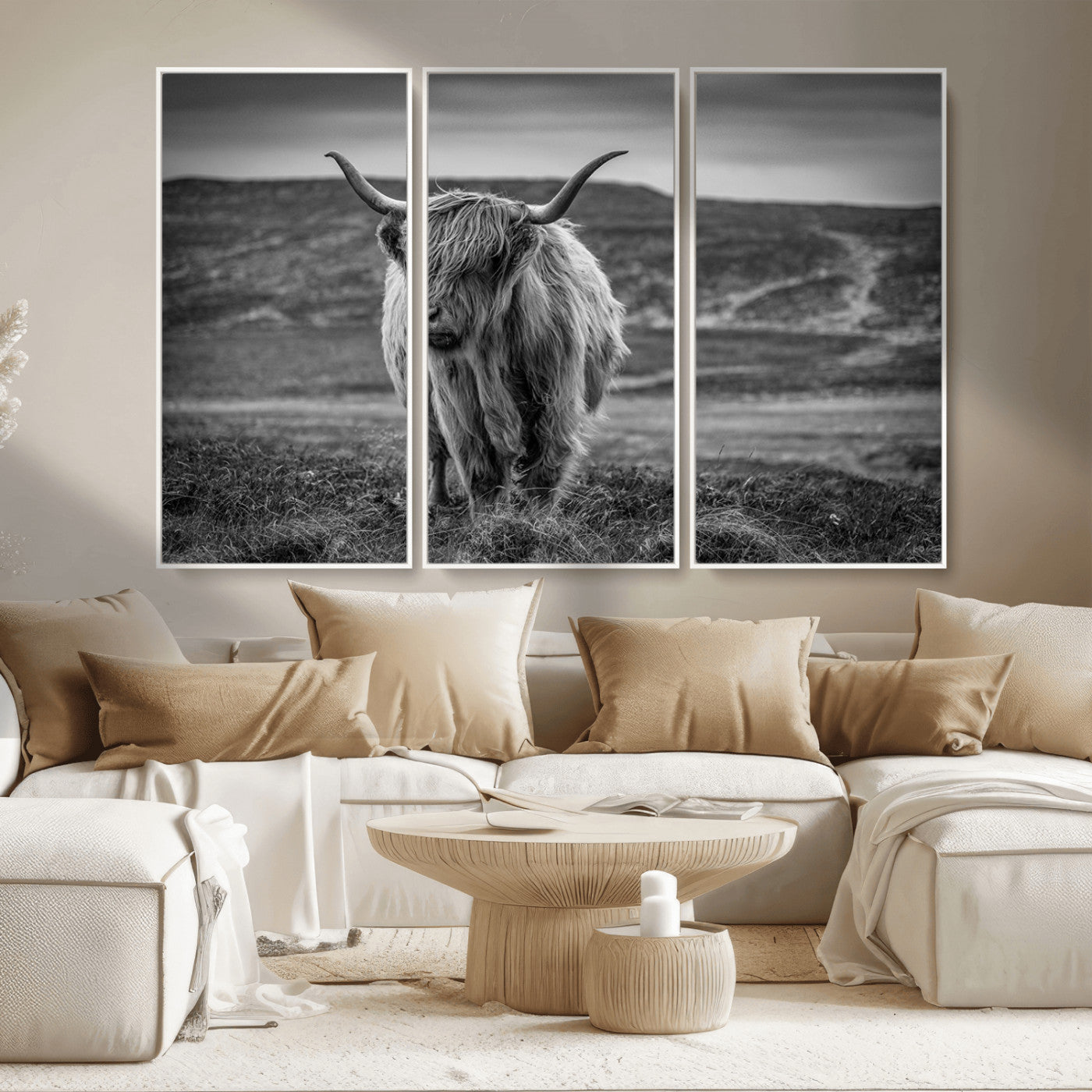 MGV-FC-48X32-3P - Fluffy Cattle Wall Art Print, Highland Cow Canvas, Framed Black and white Wall Art