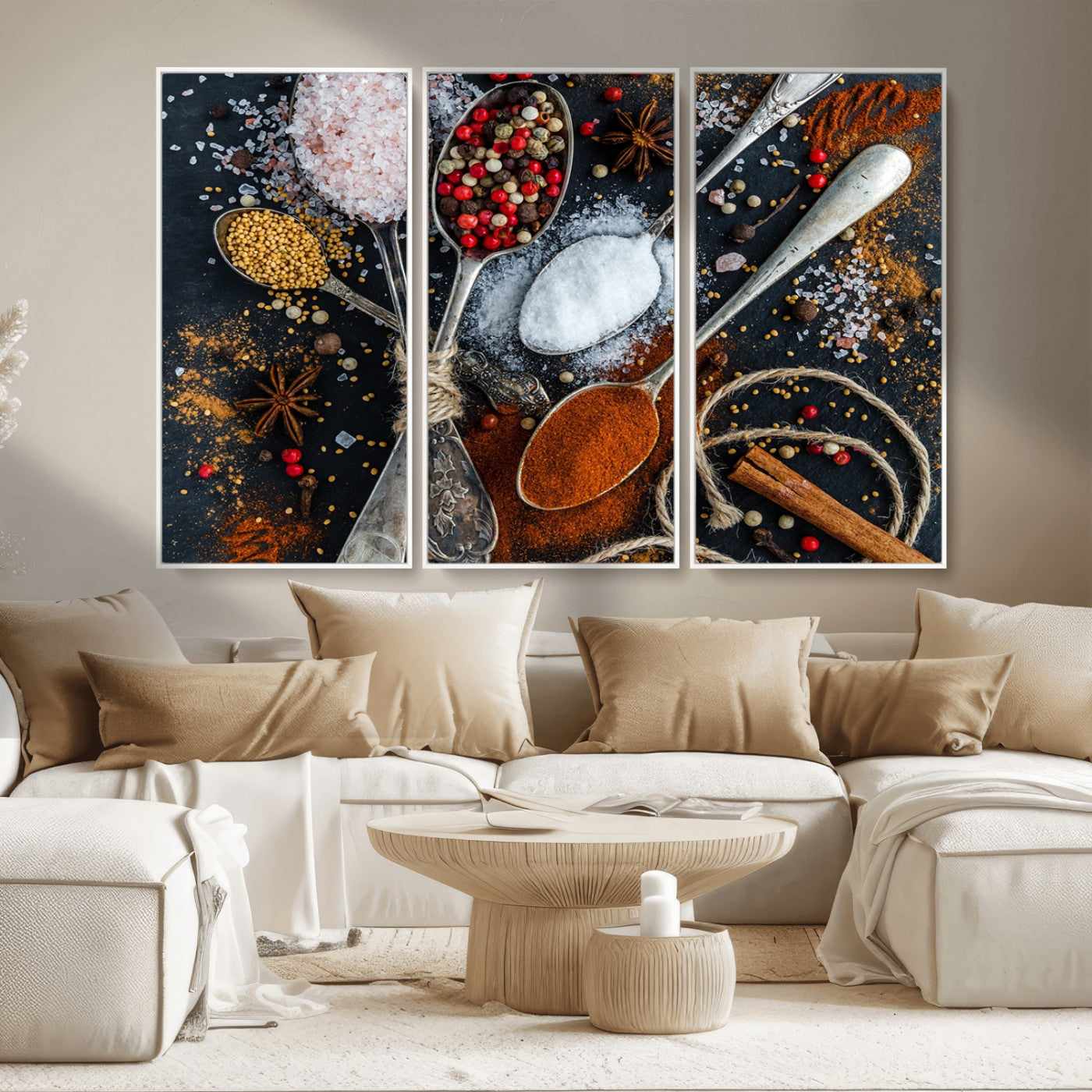 MGV-FC-48X32-3P - Spices and Seasonings Canvas Wall Art – Colorful Triptych Kitchen Decor – Culinary Art for Dining