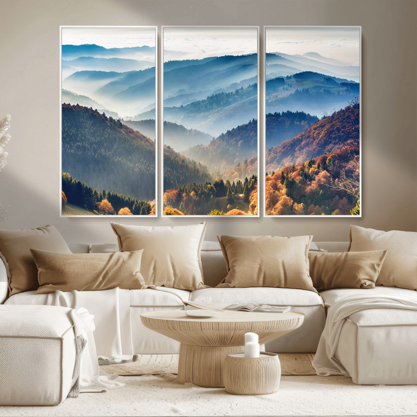 MGV-FC-48X32-3P - Misty Mountain Sunrise Triptych Canvas Print – Autumn Landscape Wall Art – Scenic Nature Decor –