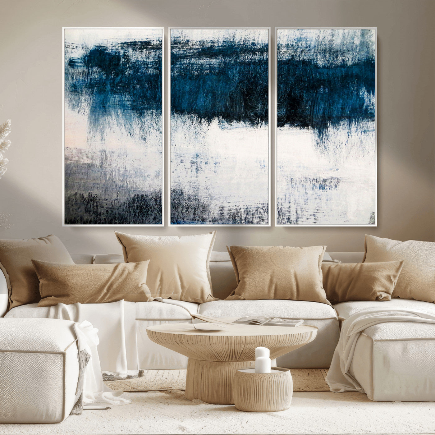 MGV-FC-48X32-3P - Abstract Blue and White Canvas Art | Large Wall Art for Modern Living Room Decor | Minimalist