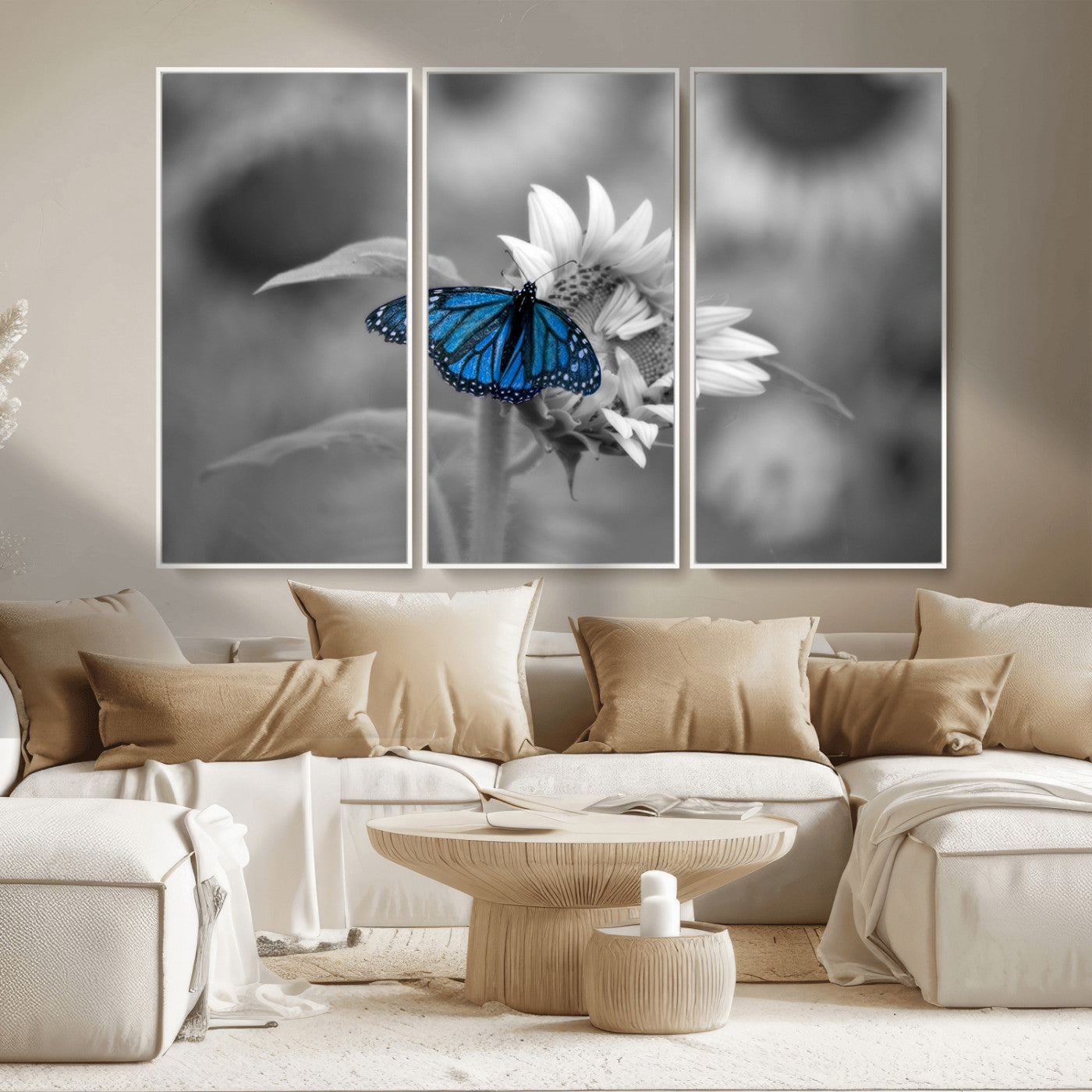 MGV-FC-48X32-3P - Blue Butterfly Black and White Canvas Wall Art