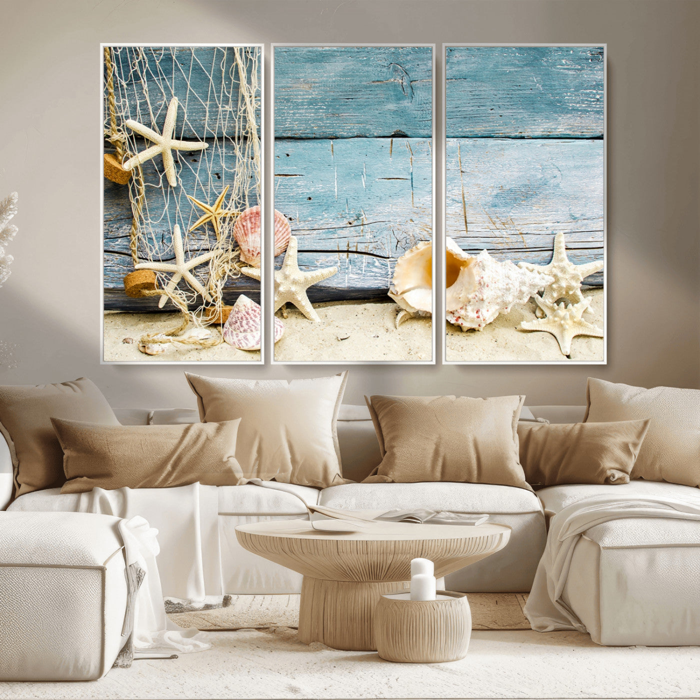 MGV-FC-48X32-3P - Seashells on Rustic Wooden Background, Seashells Wall Art Canvas Print