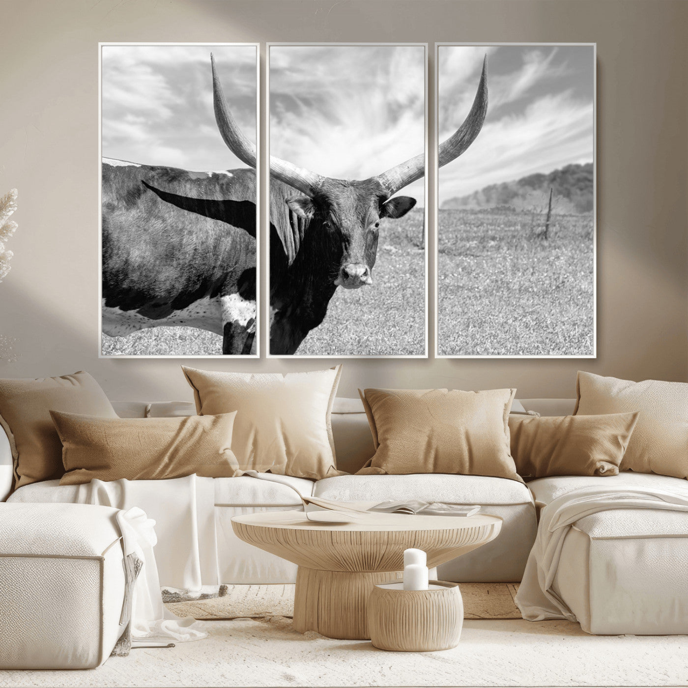 MGV-FC-48X32-3P - Longhorn Wall Art Canvas Print, Framed Ranch Wall Art Canvas Print