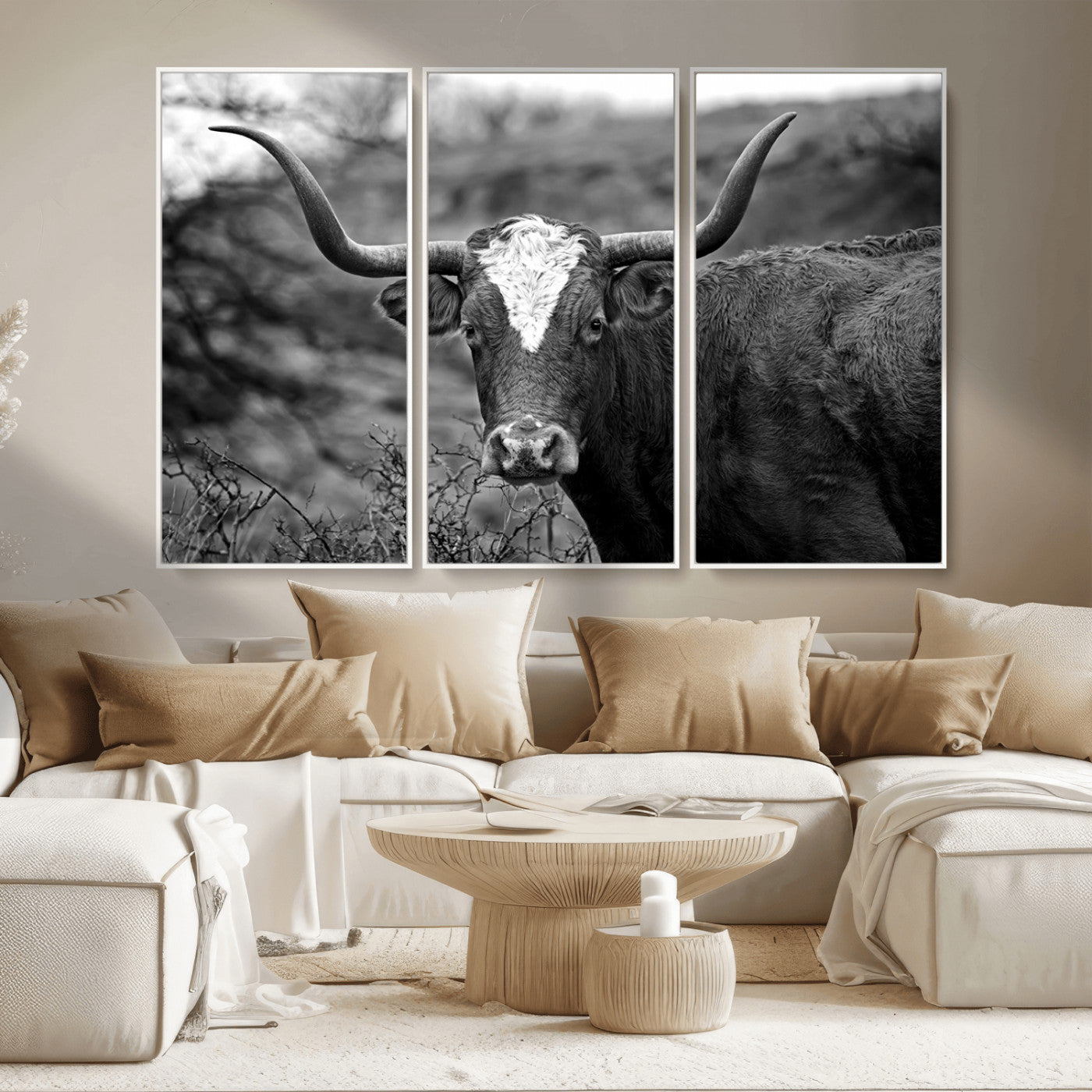 MGV-FC-48X32-3P - Western Home Wall Art Canvas Print, Framed Texas Longhorn Art Picture Print, Rustic Cow Perfect Rustic Farmhouse Decor Artwork