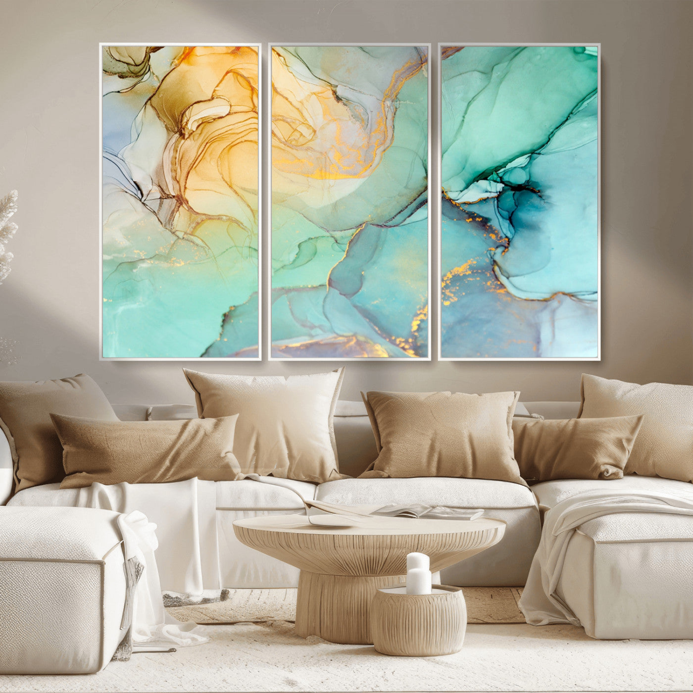 MGV-FC-48X32-3P - Abstract Aqua and Gold Fluid Wall Art Canvas | 3 Panel Large Canvas Print for Living Room, Office,