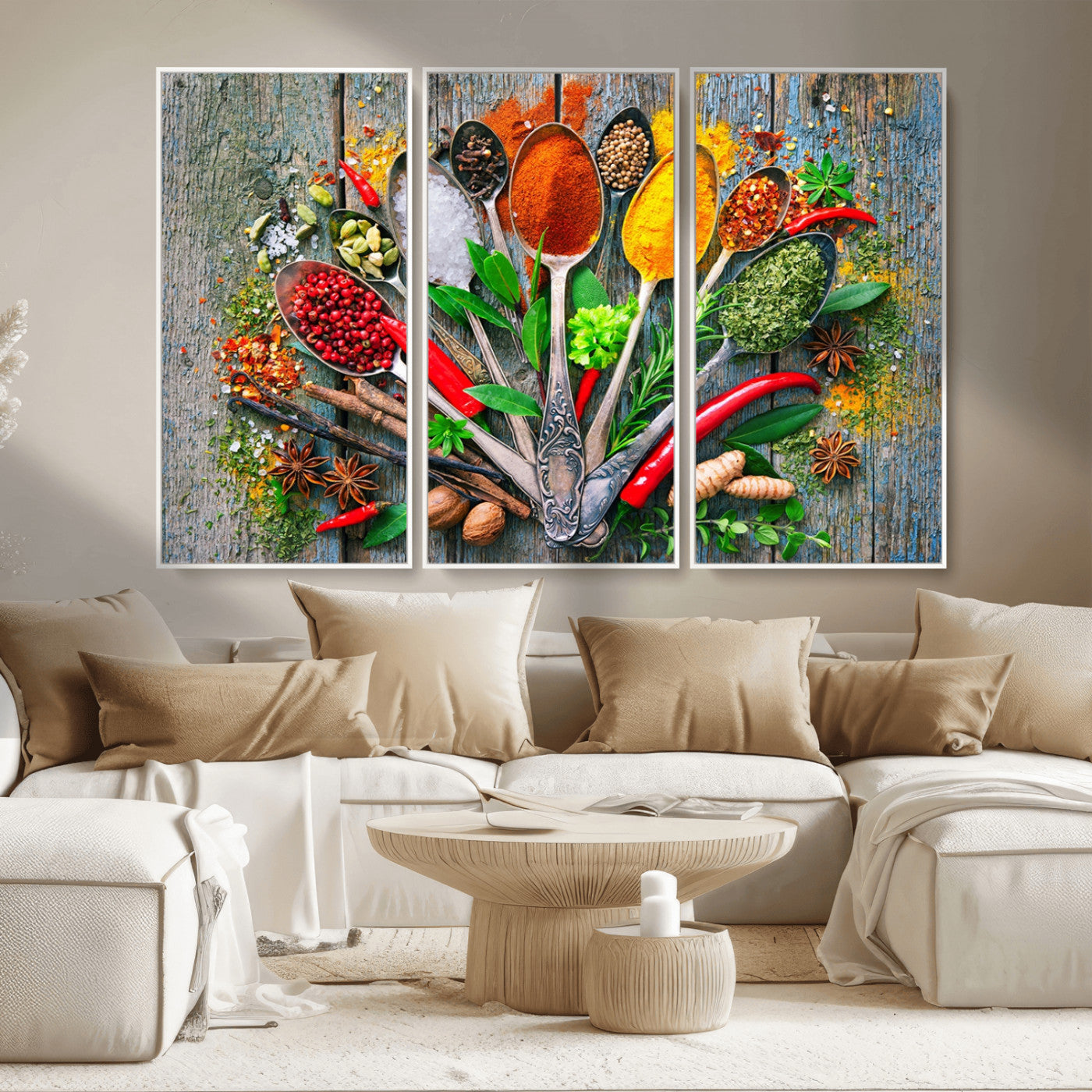 MGV-FC-48X32-3P - Spoonful of Spices Cooking Wall Art Canvas Print - Vibrant Kitchen Decor Triptych – Culinary Art
