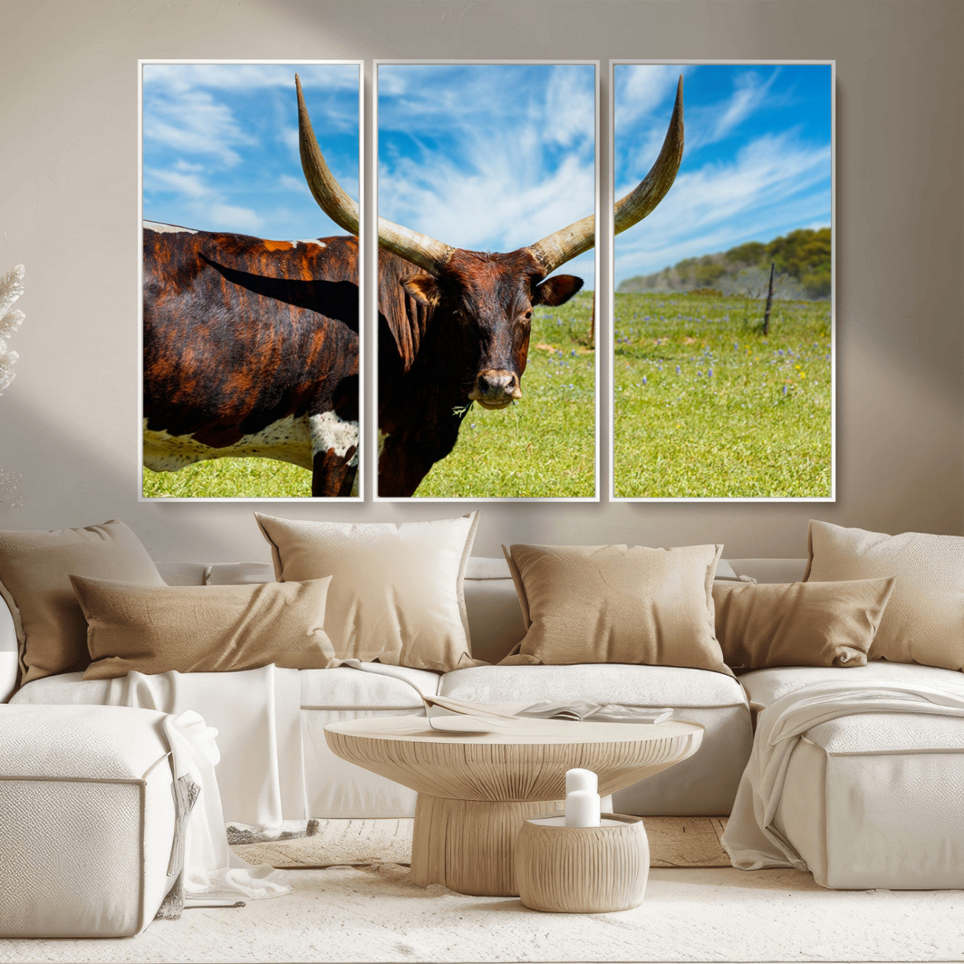 MGV-FC-48X32-3P - Longhorn and Cow Wall Art, Country Cow Wall Decor Canvas Print