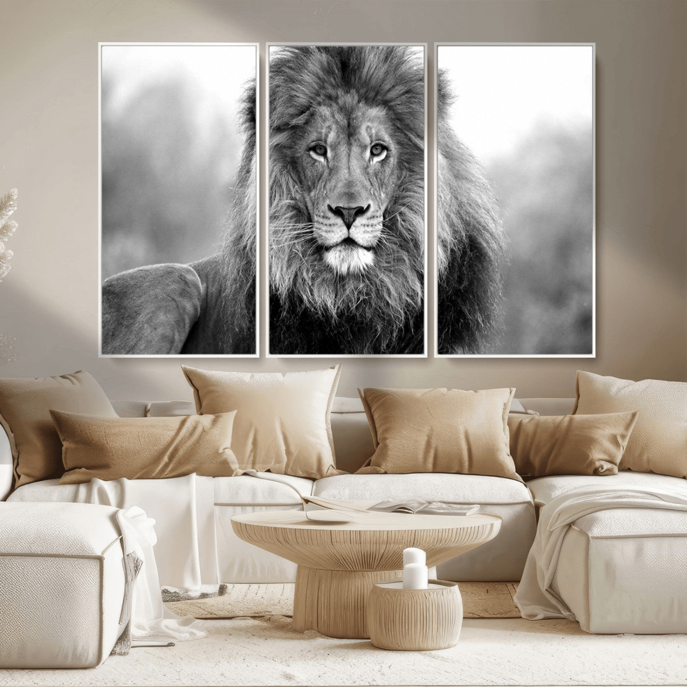 MGV-FC-48X32-3P - Black and White Lion Canvas Wall Art Animal Print