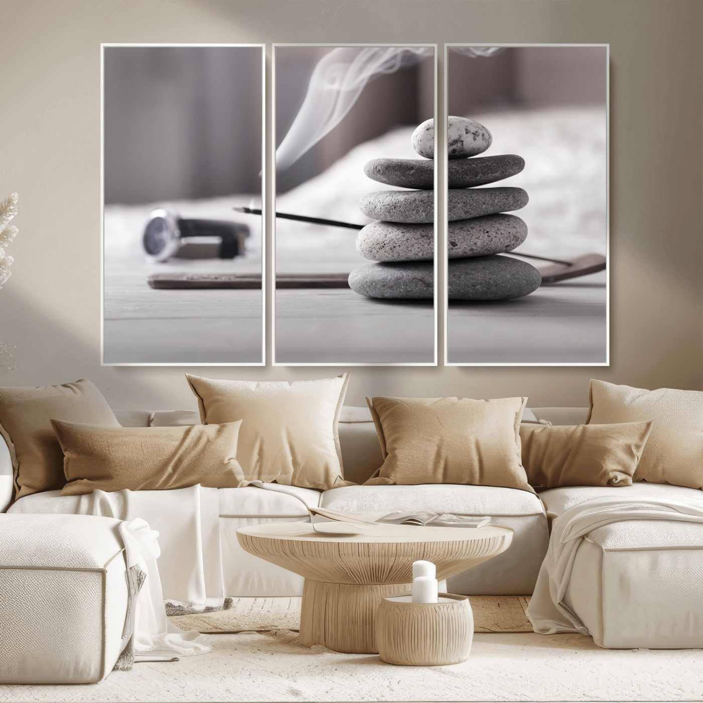 MGV-FC-48X32-3P - Burning Incense and Zen Stones Buddhism Wall Art, Zen Stones Wall Art Canvas Print