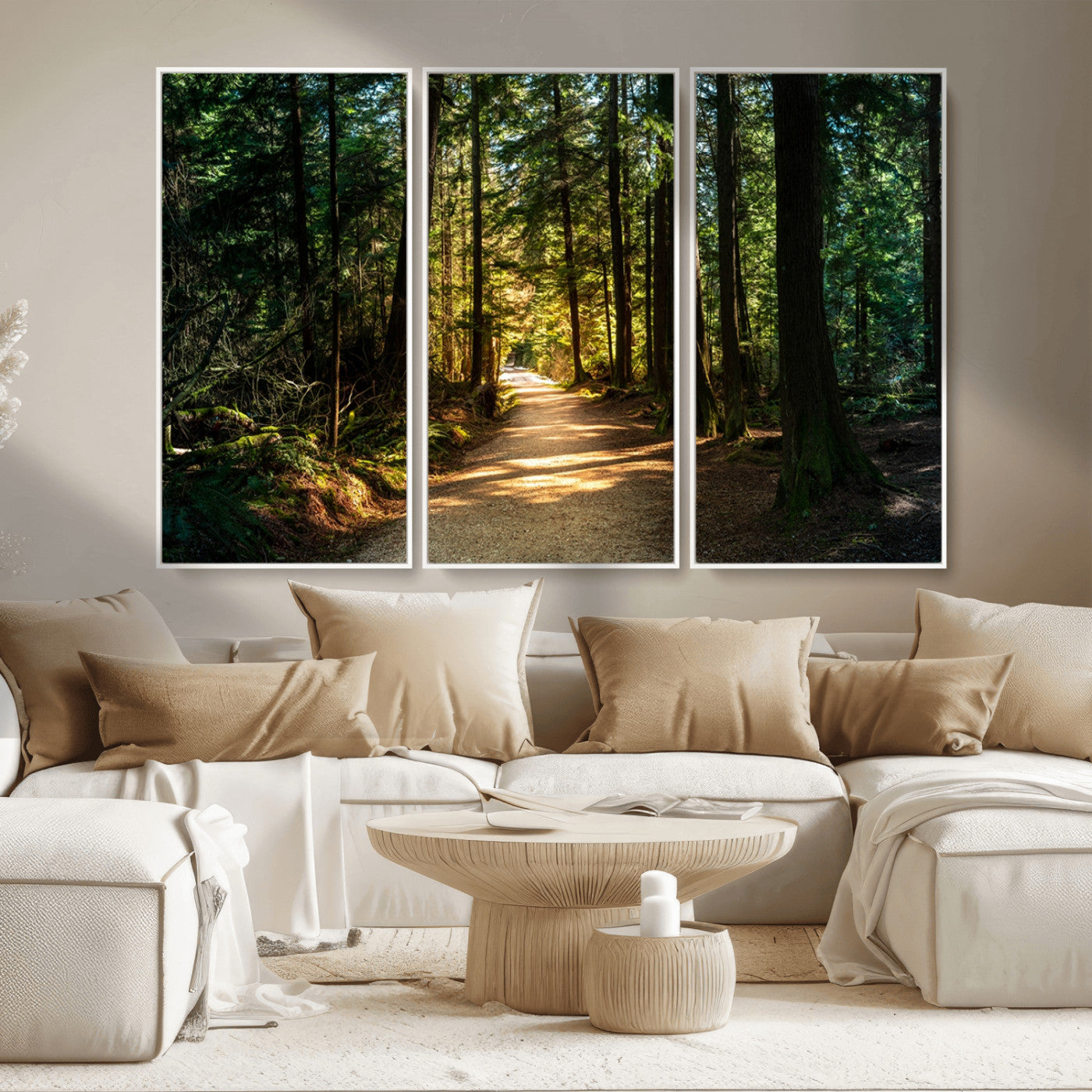 MGV-FC-48X32-3P - Sunlit Forest Pathway Canvas Print | 3 Panel Large Nature Wall Art for Living Room, Office, or