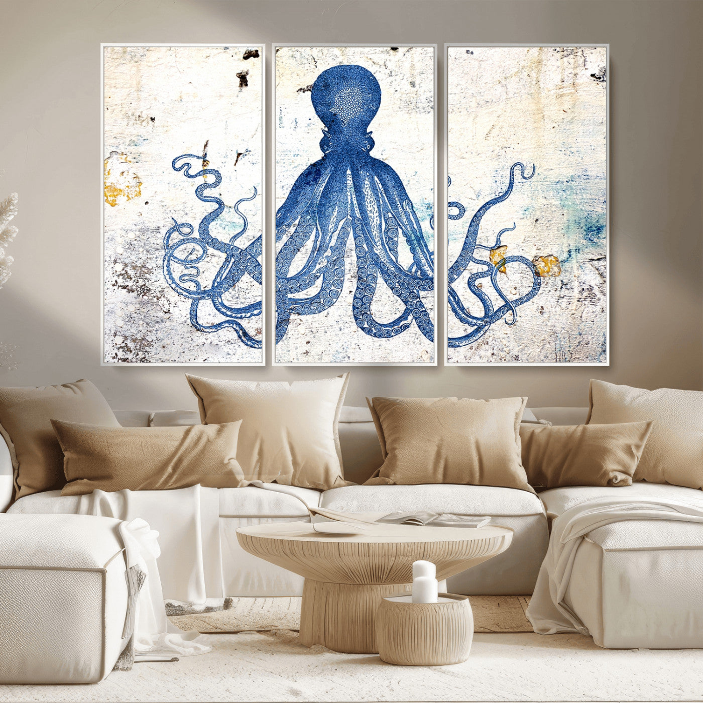 MGV-FC-48X32-3P - Octopus Canvas Wall Art | Coastal Marine Life Artwork for Living Room, Bedroom, or Office |