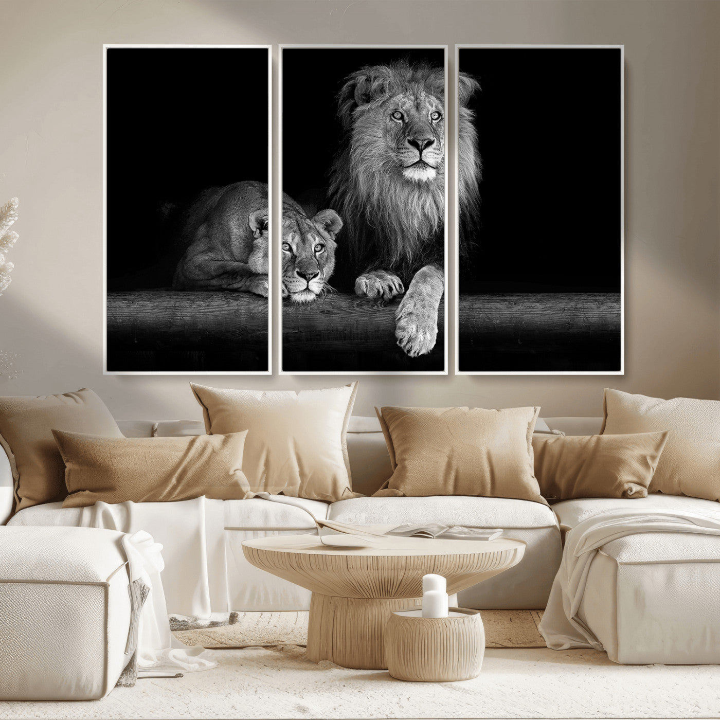 MGV-FC-48X32-3P - Large Black and White Lion Couple Wall Art Canvas Print