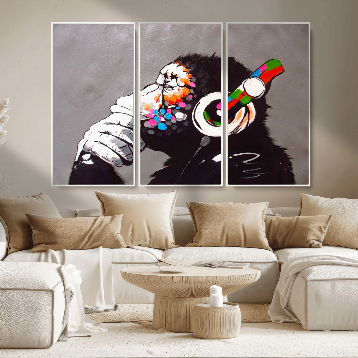 MGV-FC-48X32-3P - Dj Monkey Listening to Music Wall Art Print | Banksy Monkey Large Canvas Print for Living Room,