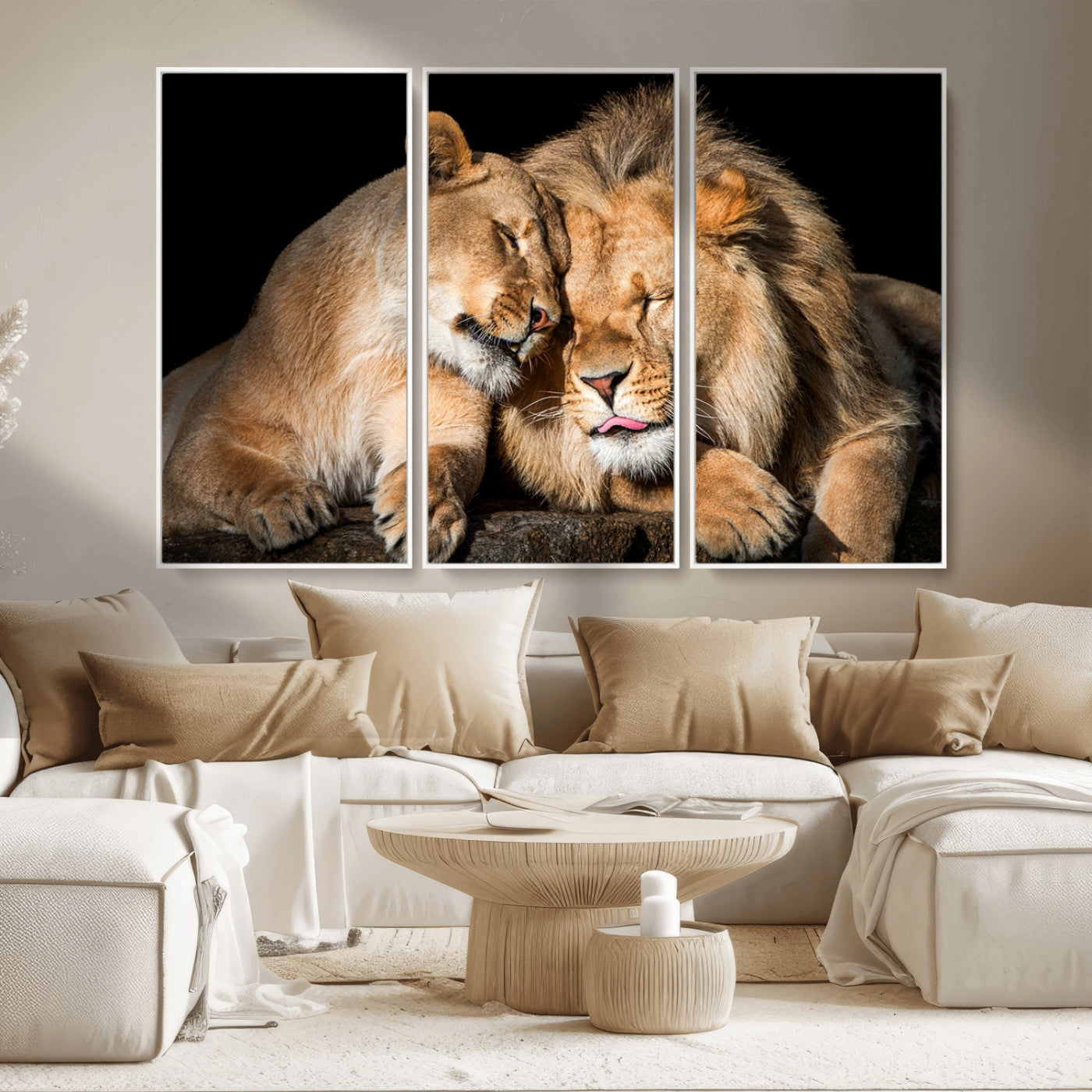 MGV-FC-48X32-3P - Lion and Lioness Wall Art Print Canvas | 3-Panel African Wildlife Canvas Print | Animal-Themed Art