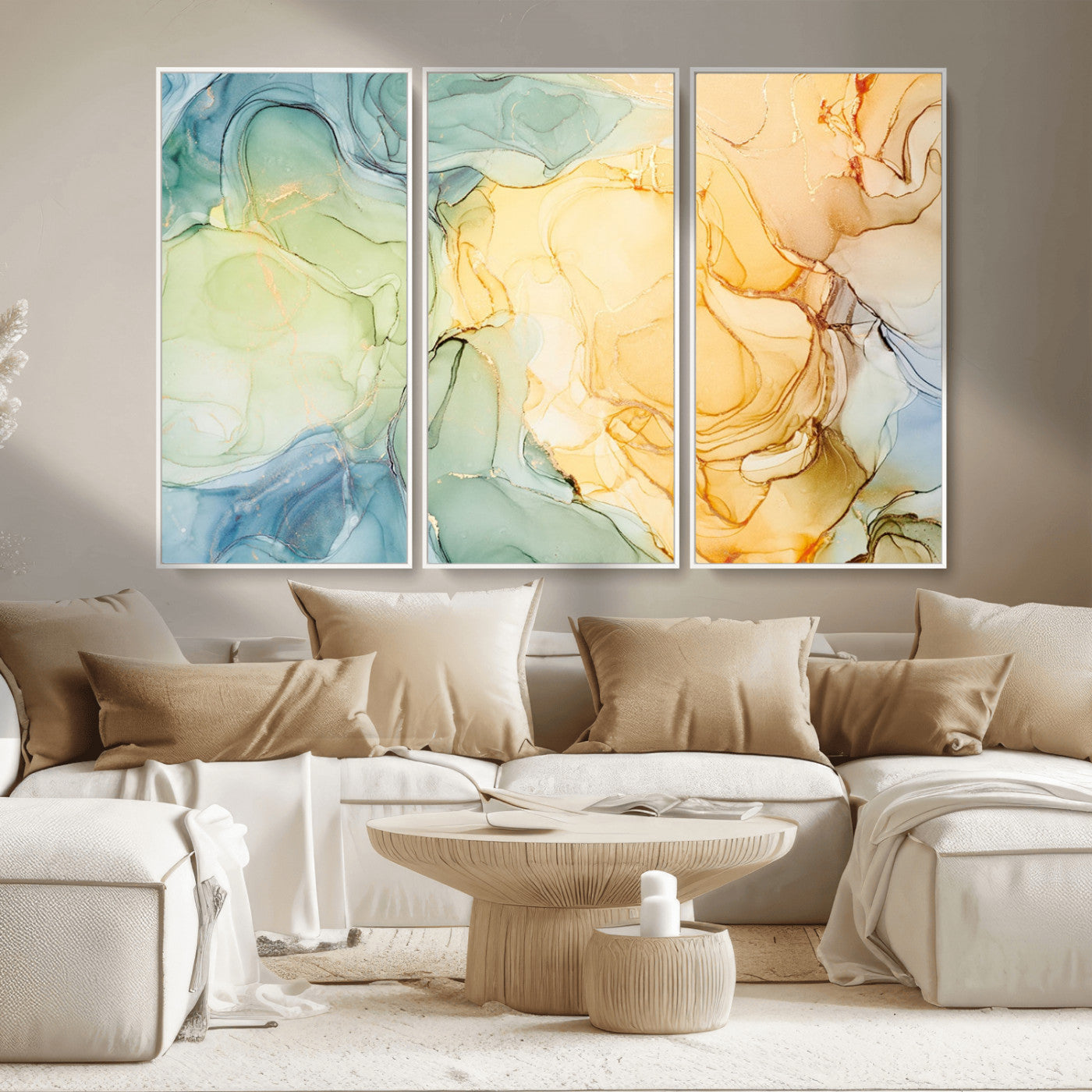 -Green and Yellow Marble Fluid Effect Wall Art, Green and Yellow Marble Canvas Wall Art Print