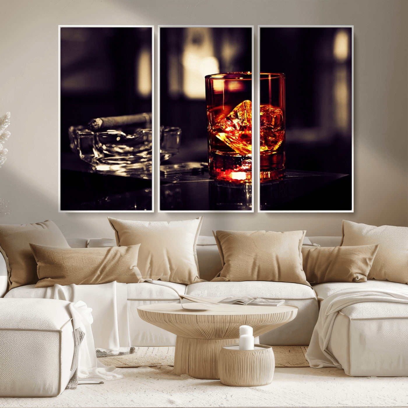 MGV-FC-48X32-3P - Whiskey and Cigar Canvas – Luxurious Wall Art for Home or Bar – Glass and Cigar Scene Print Canvas