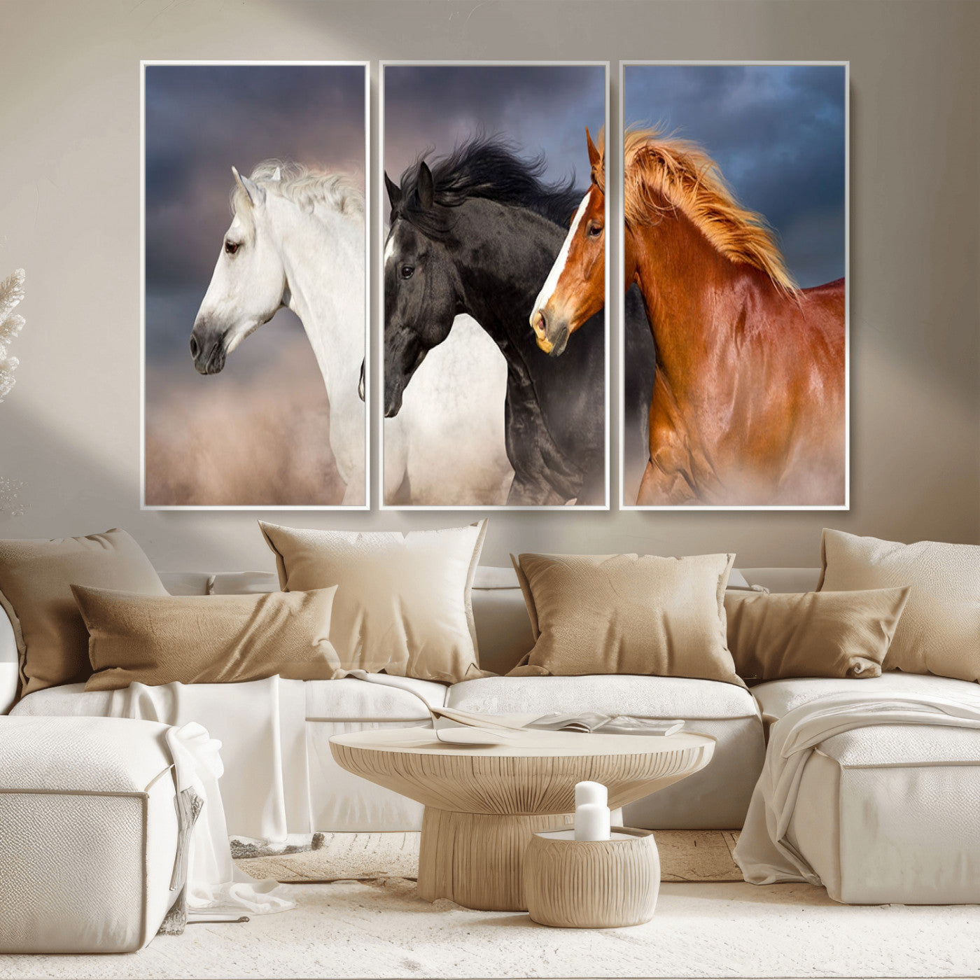MGV-FC-48X32-3P - Animal Wall Art Three Horses Farmhouse Art Canvas, Framed Three Horses Canvas Print